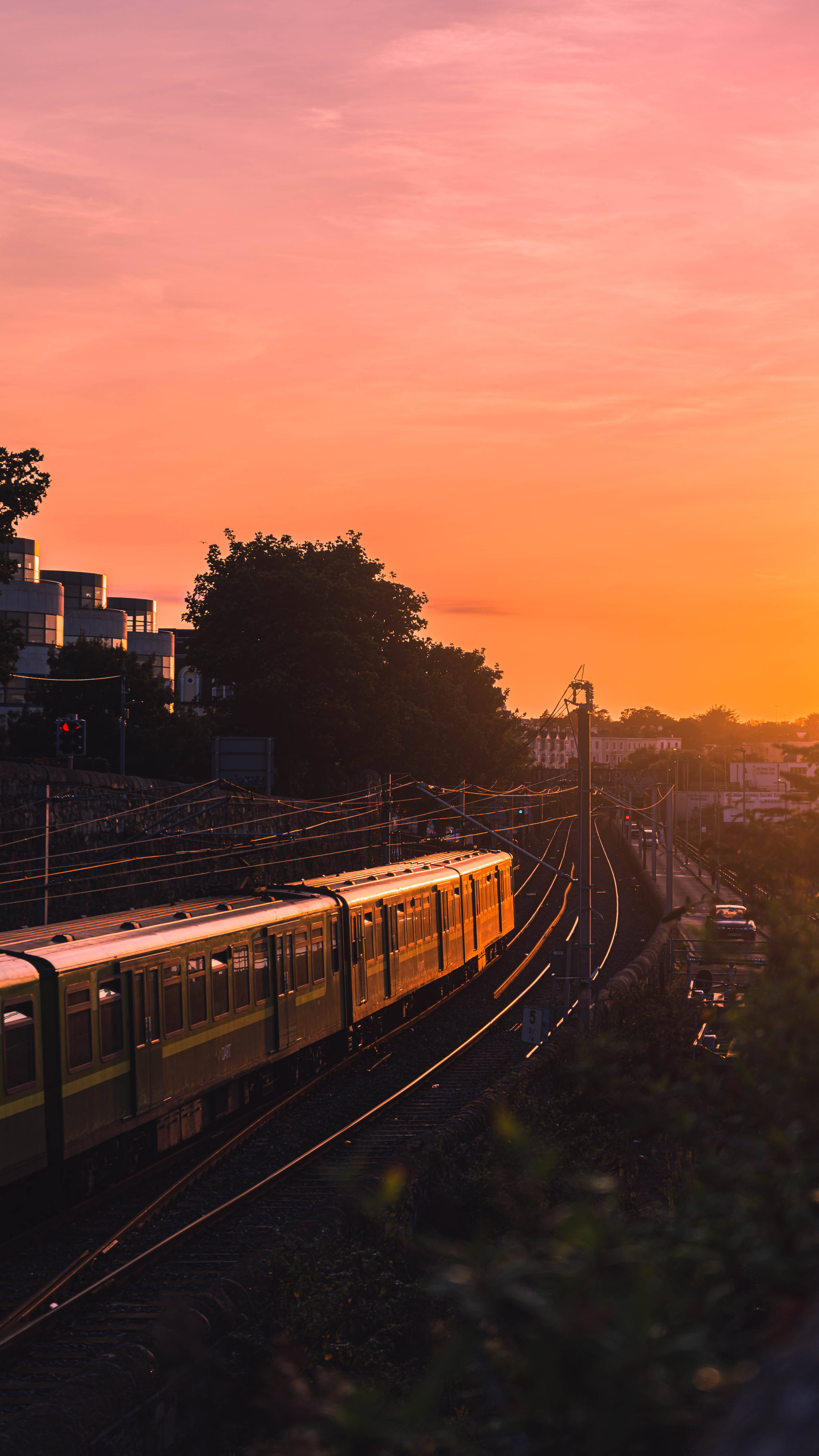 train, orange sky, sunset, 5K Phone Wallpaper