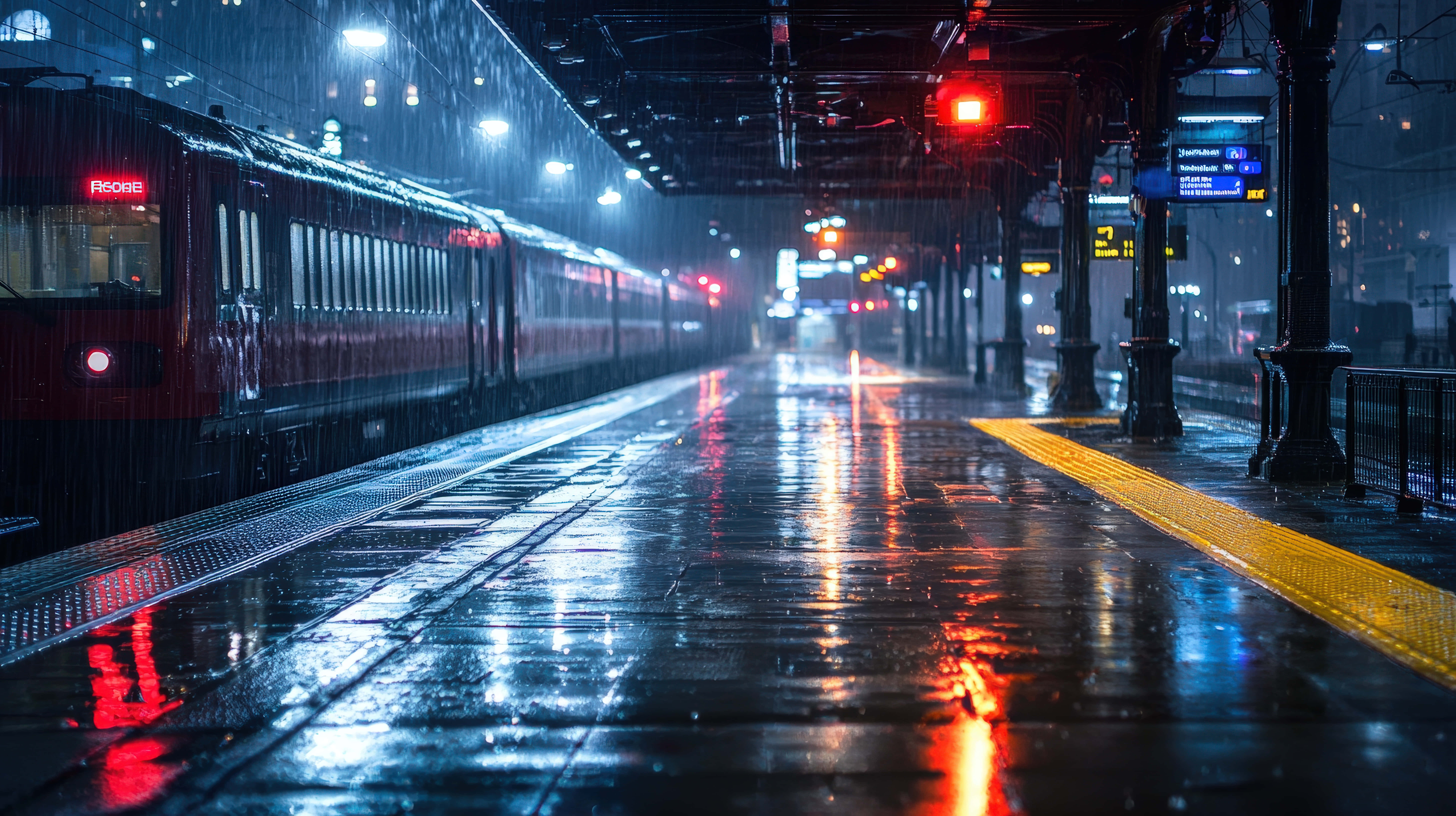 red train, rain-slicked station platform, glowing lights, 8K Desktop Wallpaper