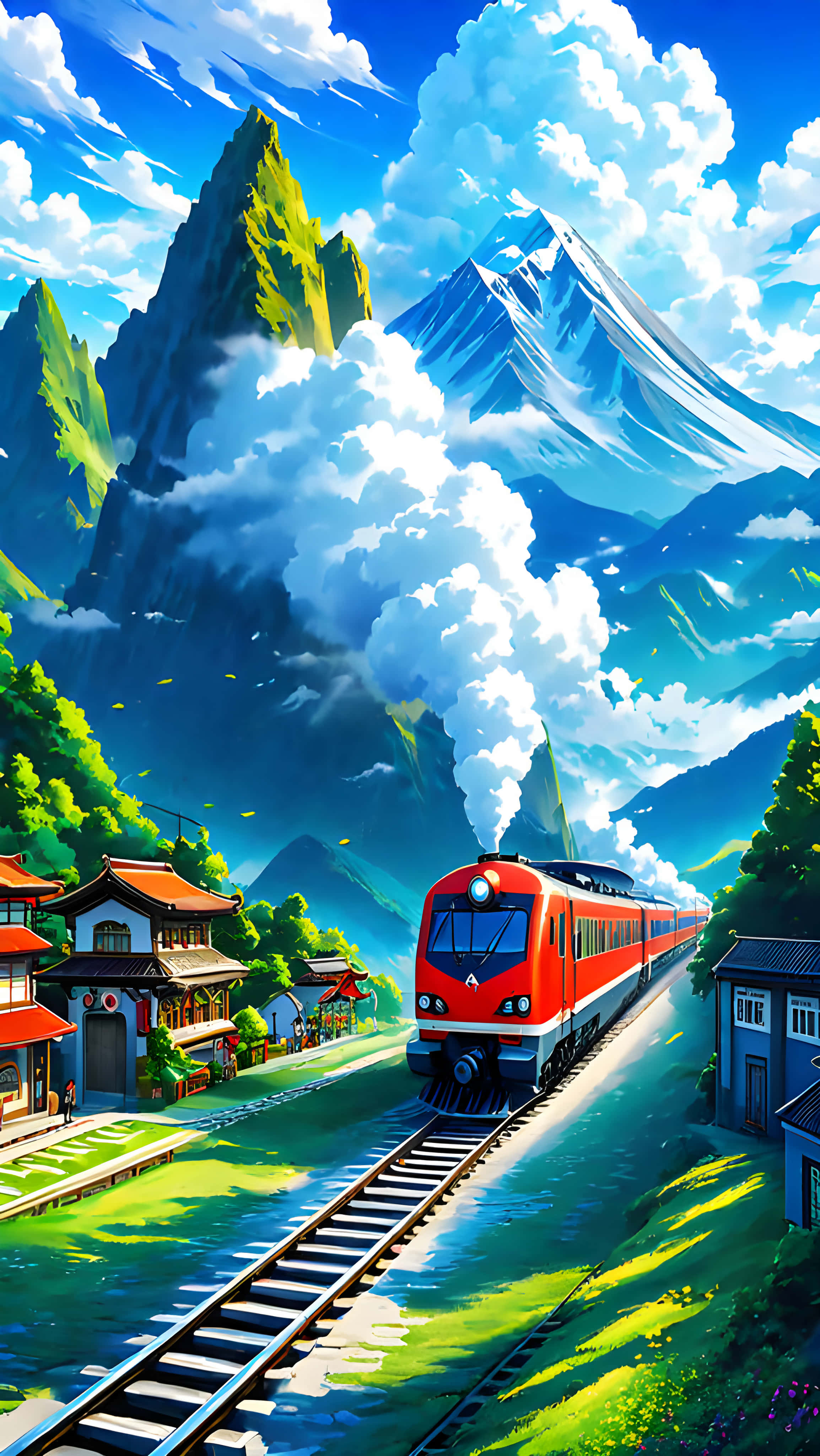 red train, vibrant valley, snowcapped mountains, 4K Phone Wallpaper