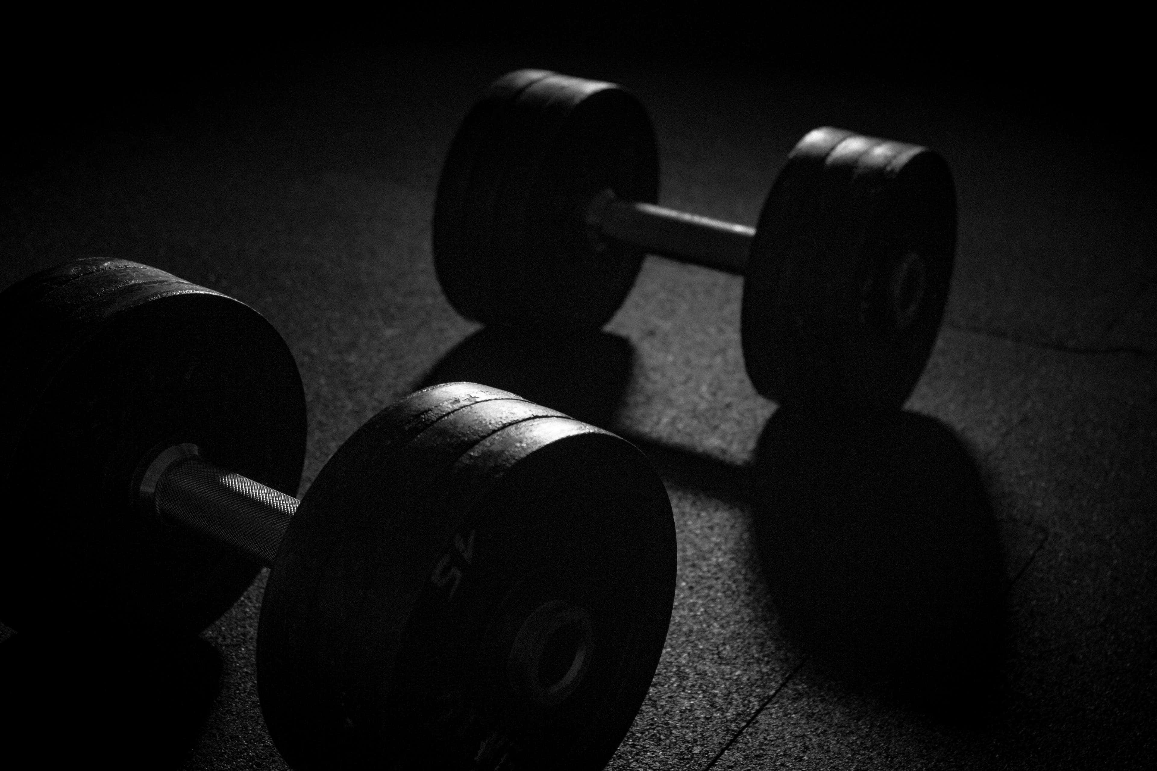 dumbbells, strength training, dark gym floor, 4K Desktop Wallpaper