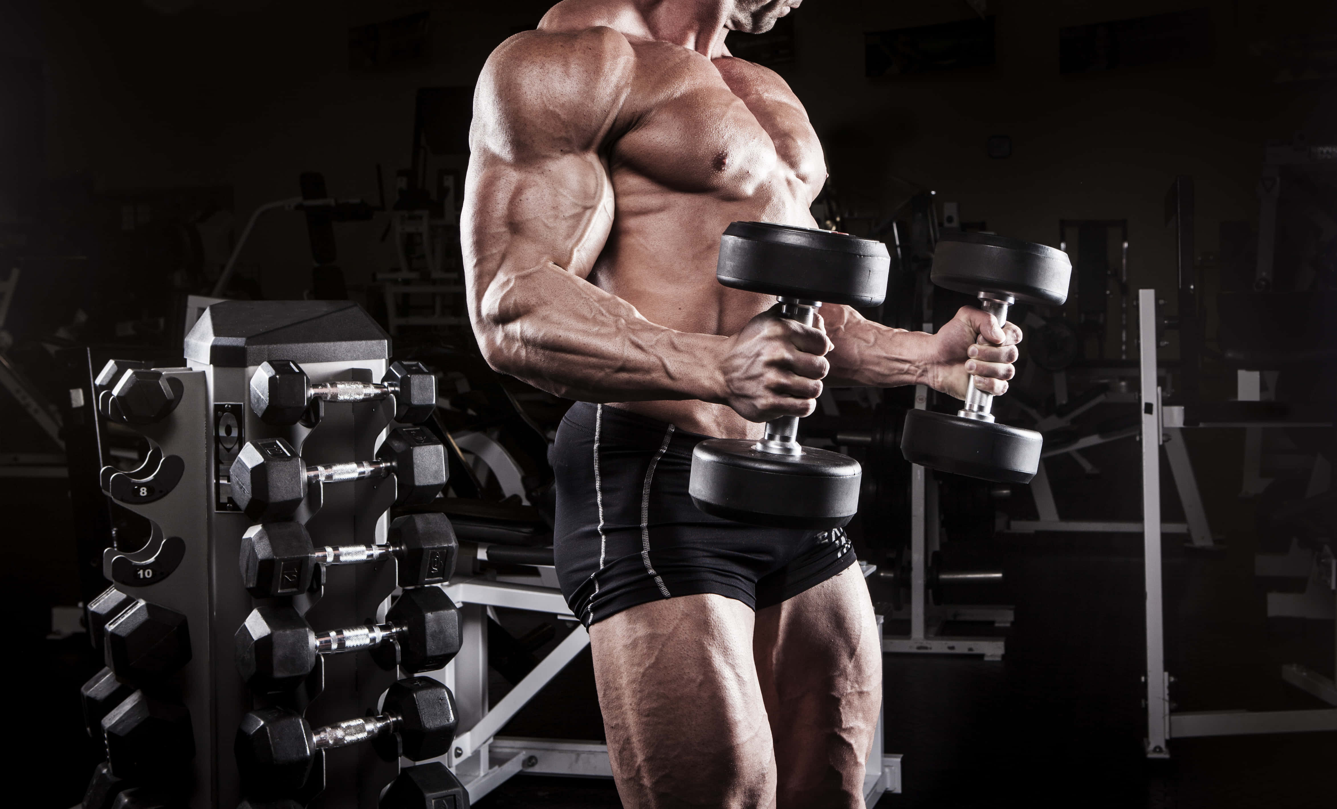 muscle training, dumbbells, dimly lit gym, 4K Desktop Wallpaper