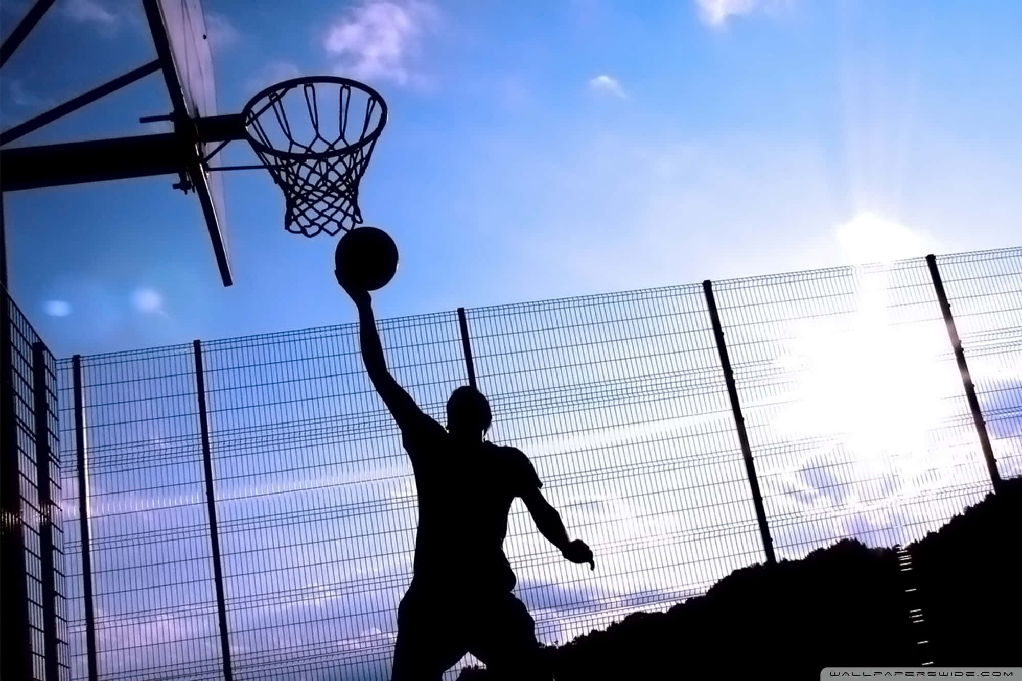 basketball player, bright blue sky, dunk the ball, Full HD Desktop Wallpaper