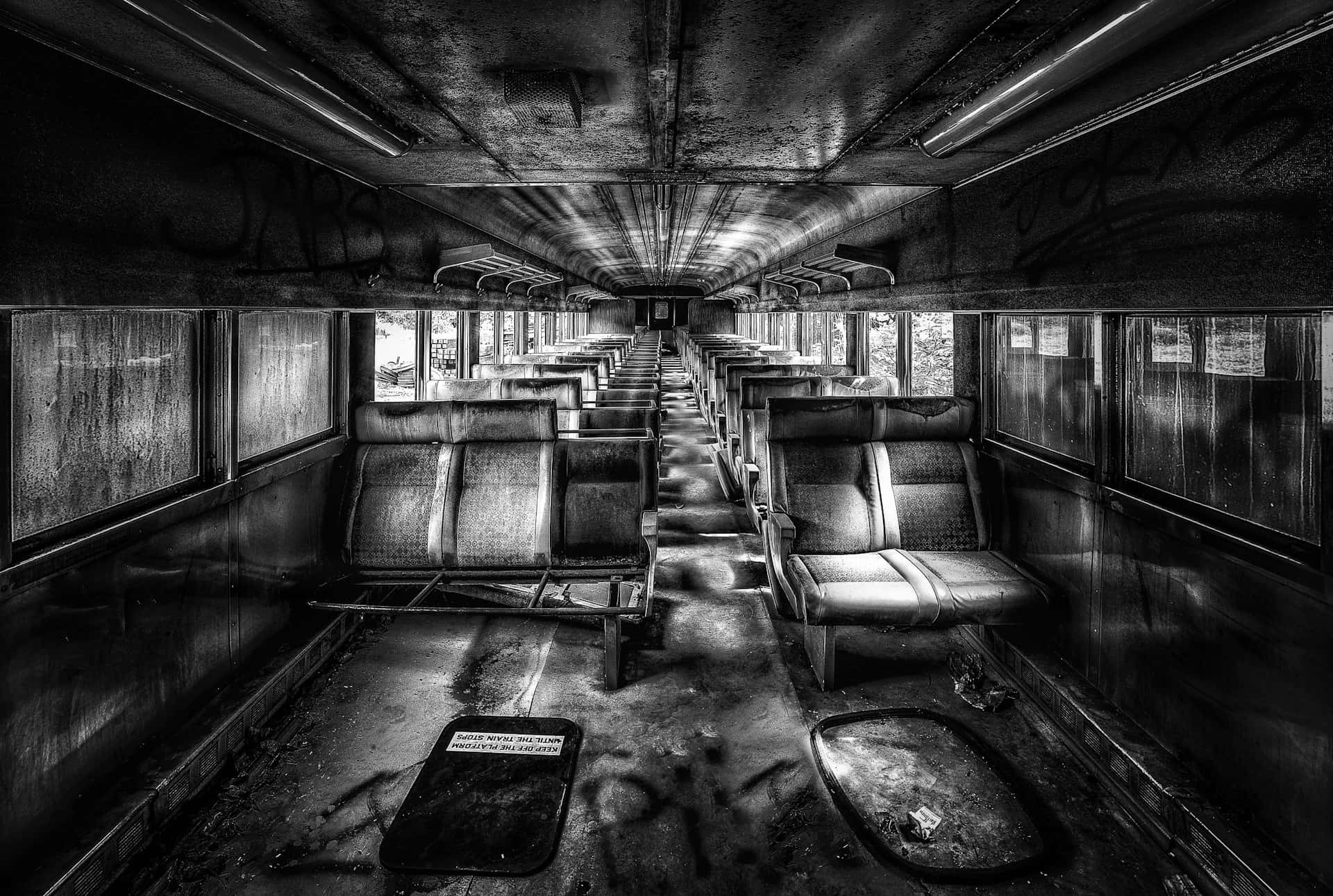 abandoned train car interior, black and white, graffiti covered walls, Full HD Desktop Wallpaper