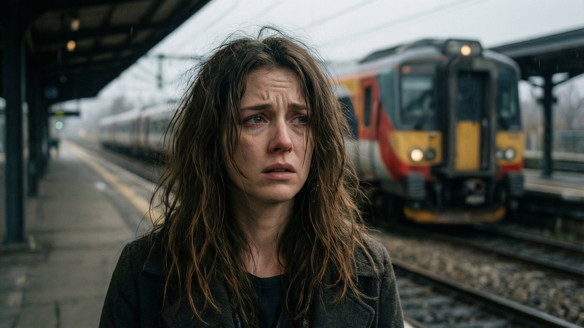 train platform, red yellow and black train, distraught woman, Full HD Desktop Wallpaper