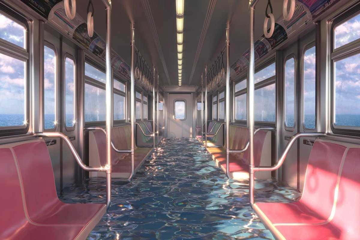 dreamcore, submerged train carriage, pink seats, SD Desktop Wallpaper