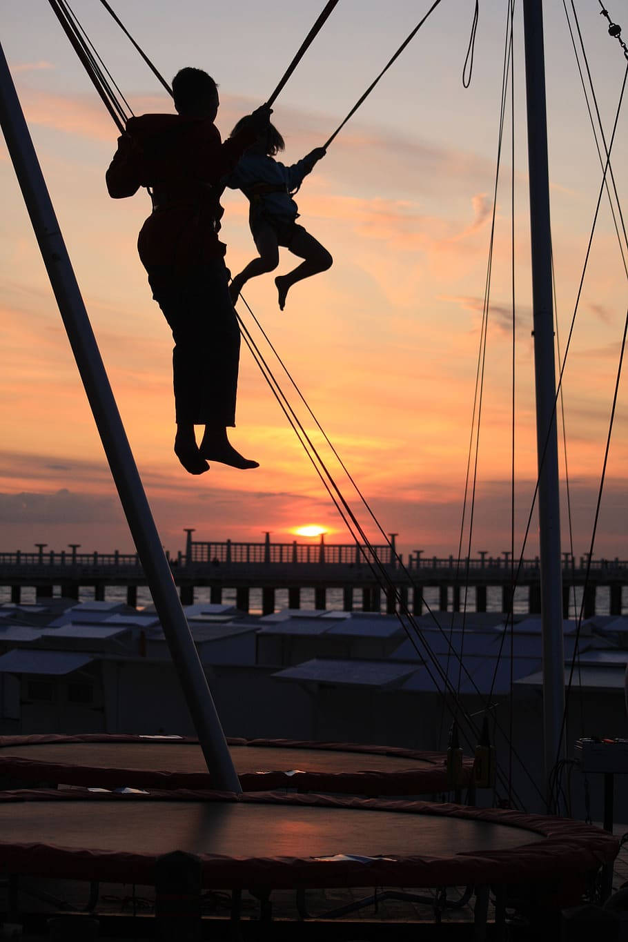 trampoline, father and son, sunset, HD Phone Wallpaper