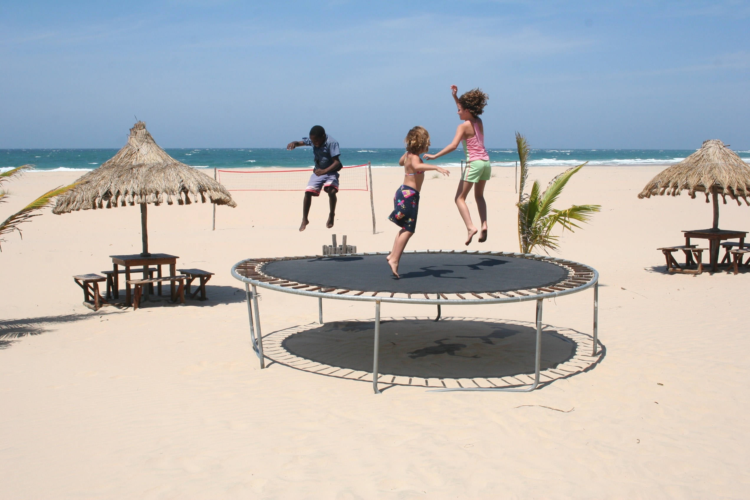 trampoline, beach, ocean waves, Full HD Desktop Wallpaper
