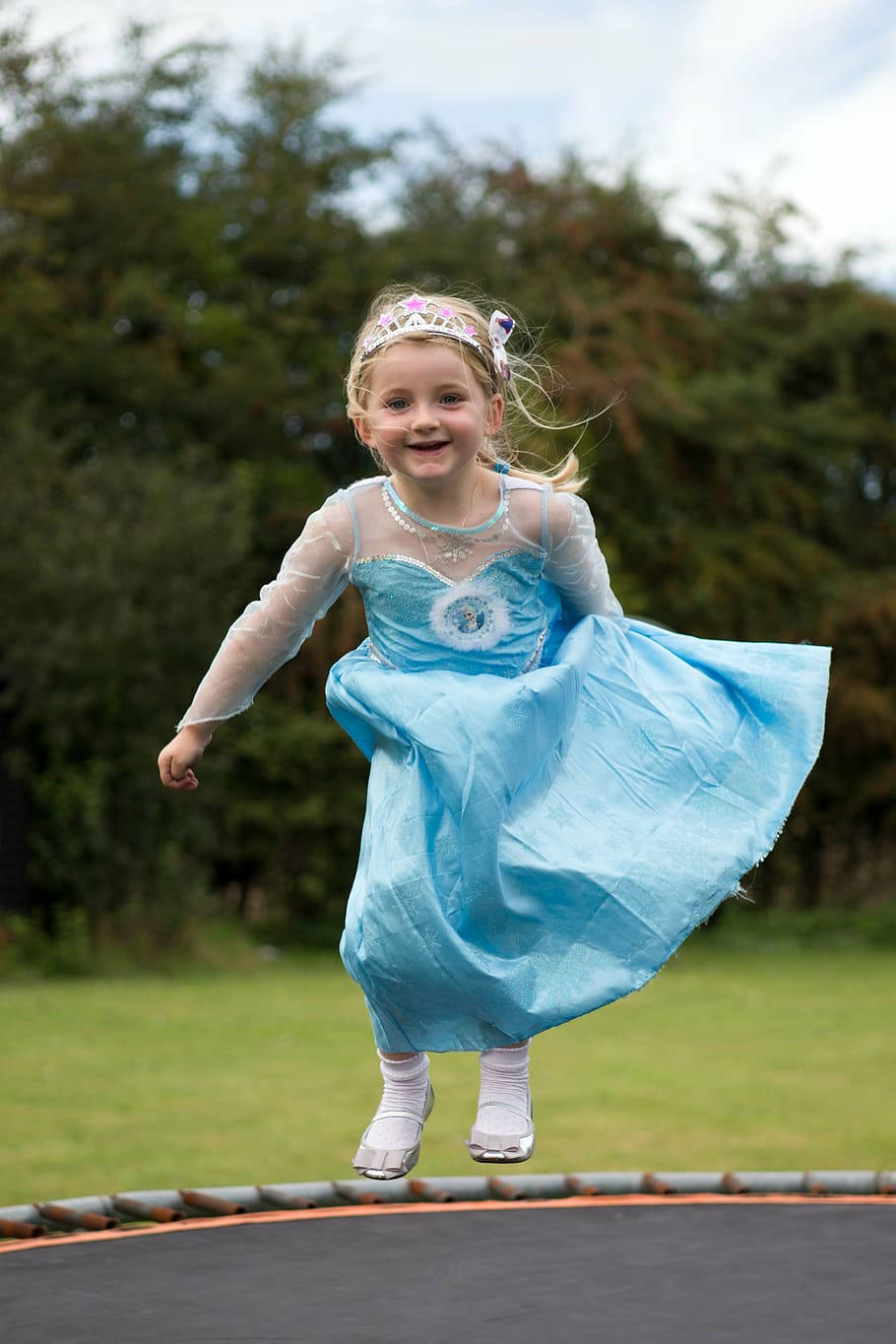 adorable girl, gown, trampoline, HD Phone Wallpaper