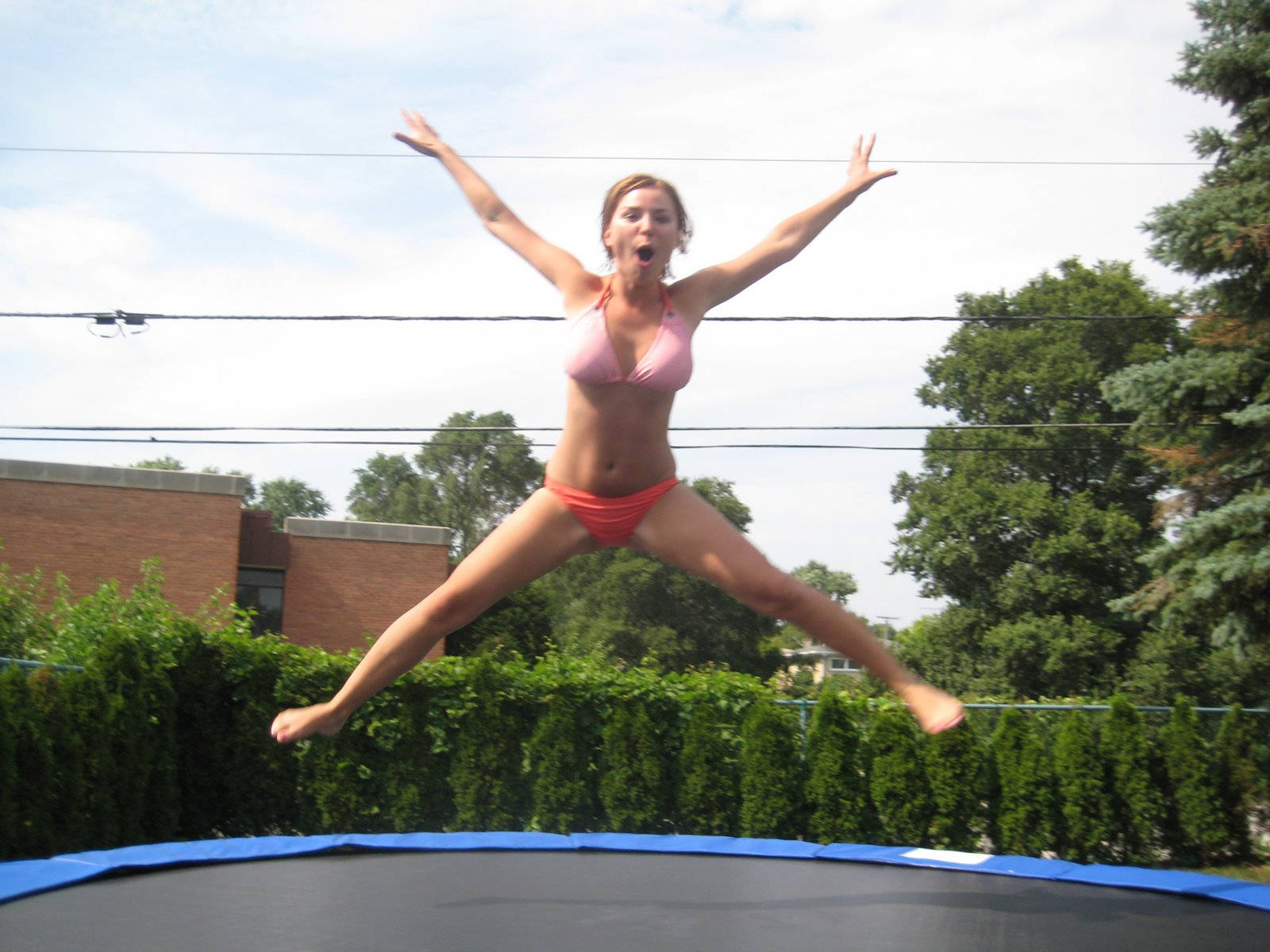 pink bikini, trampoline, green trees, HD Desktop Wallpaper