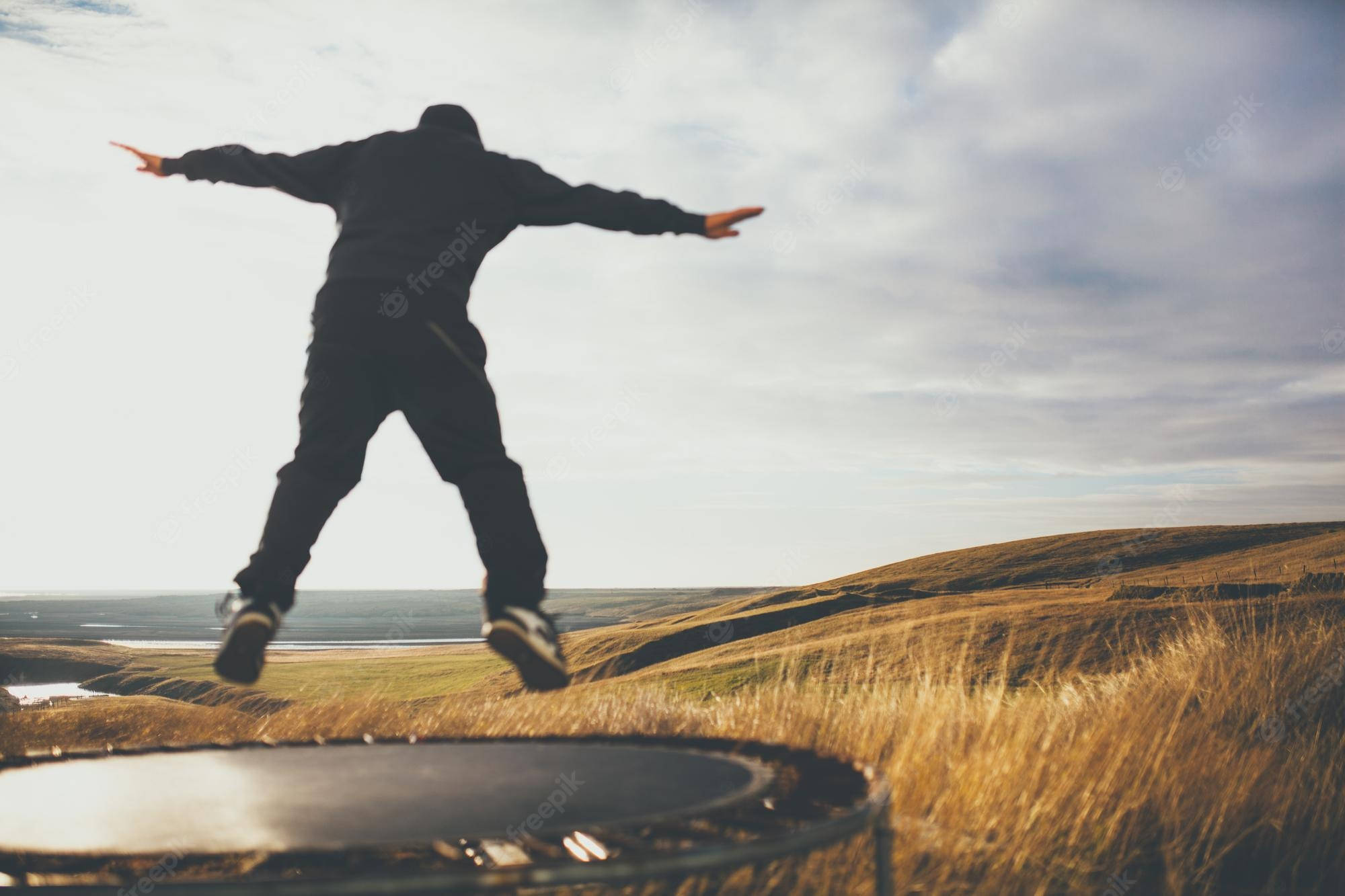 trampoline, golden grassy hill, soft cloudy sky, Full HD Desktop Wallpaper