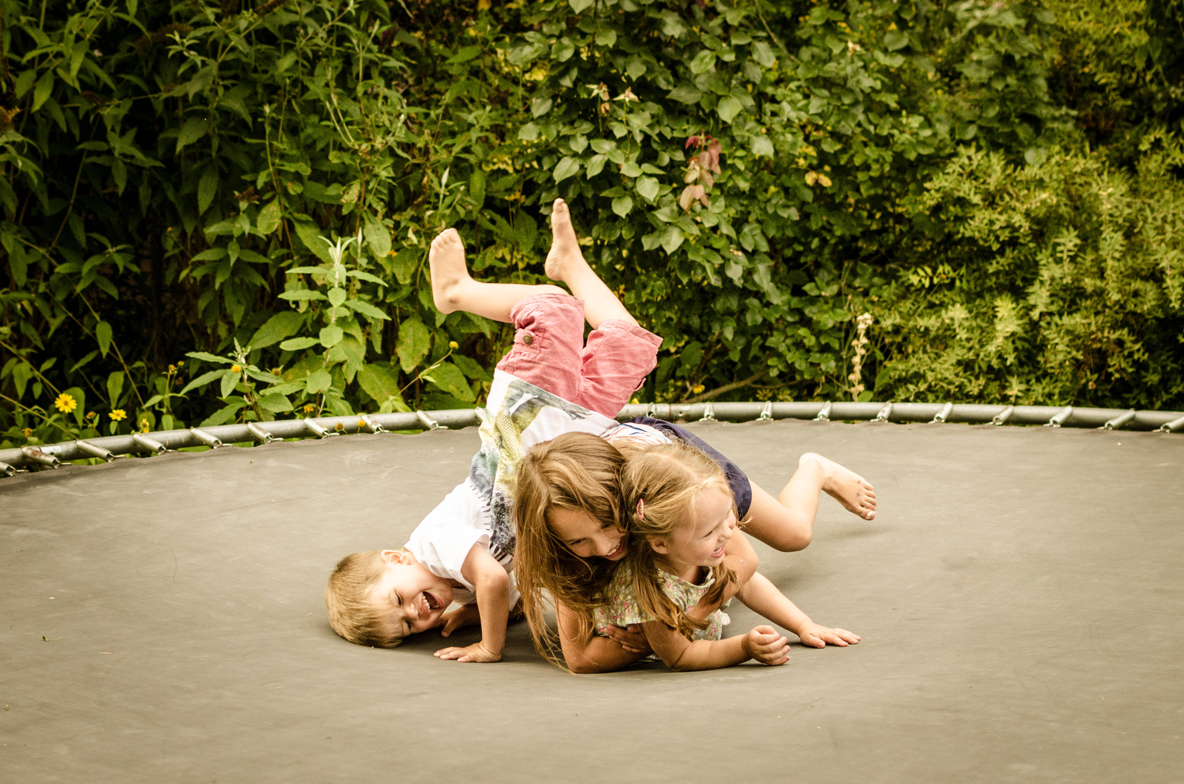 trampoline, three children, lush green foliage, 4K Desktop Wallpaper