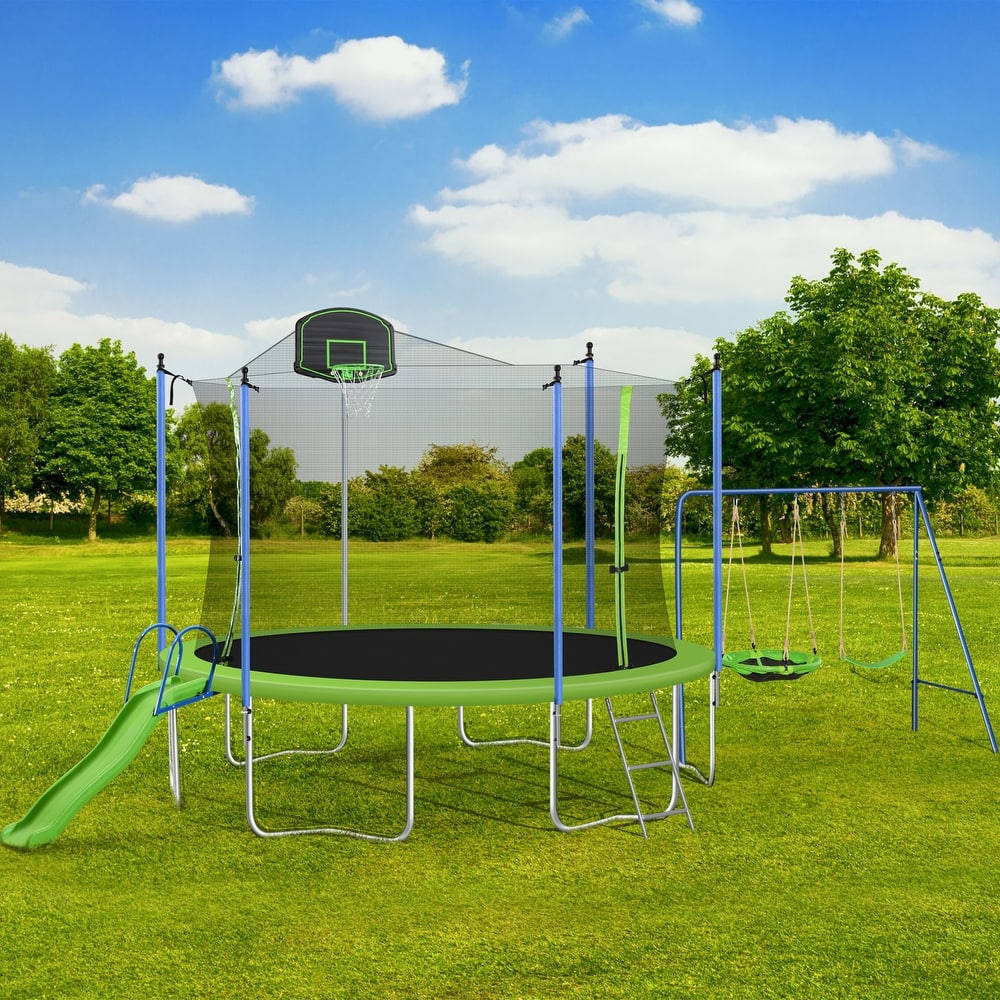green round trampoline, basketball hoop, slide, SD Desktop Wallpaper
