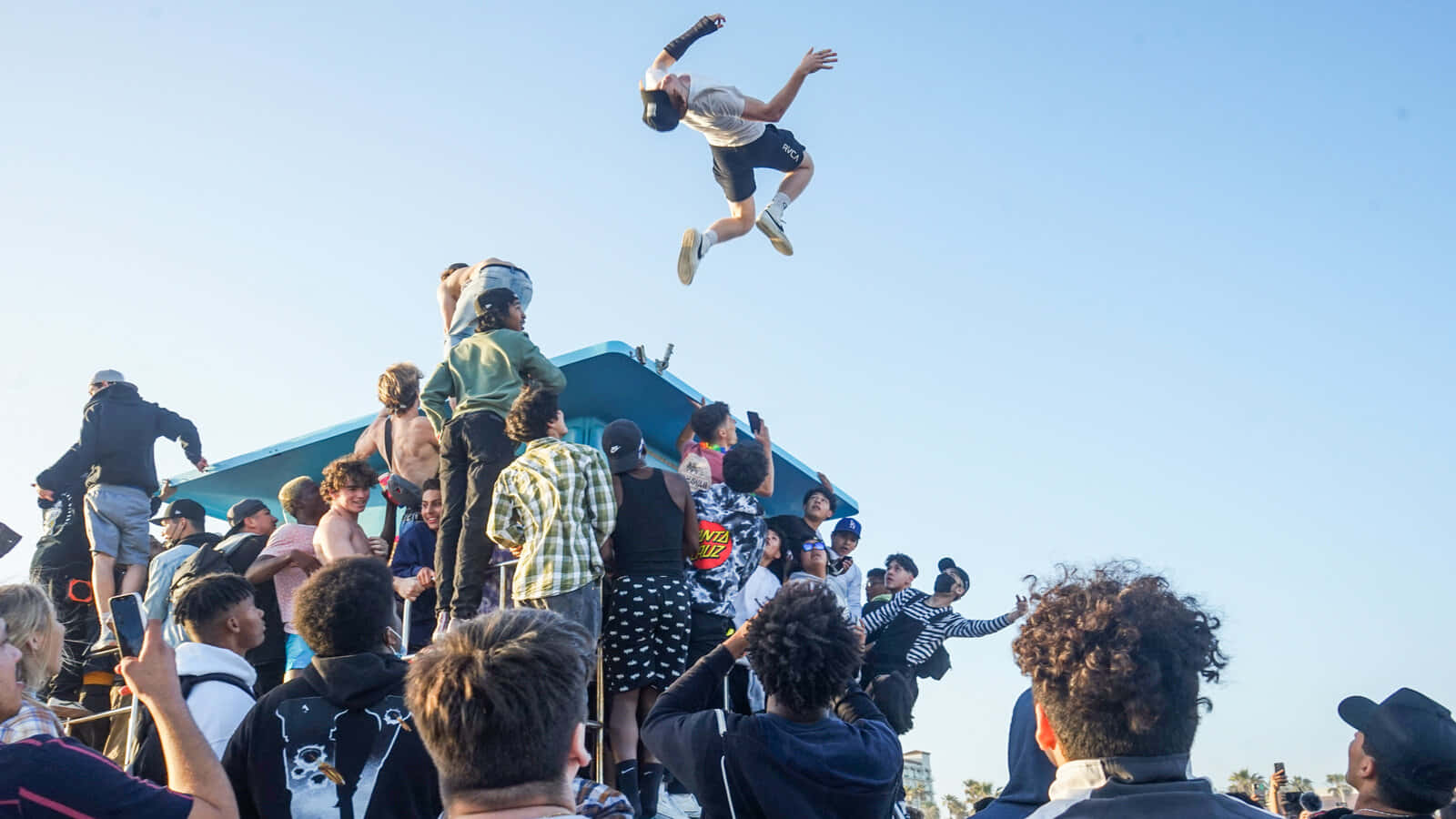 Trampoline, skateboarder, mid-air, HD Desktop Wallpaper