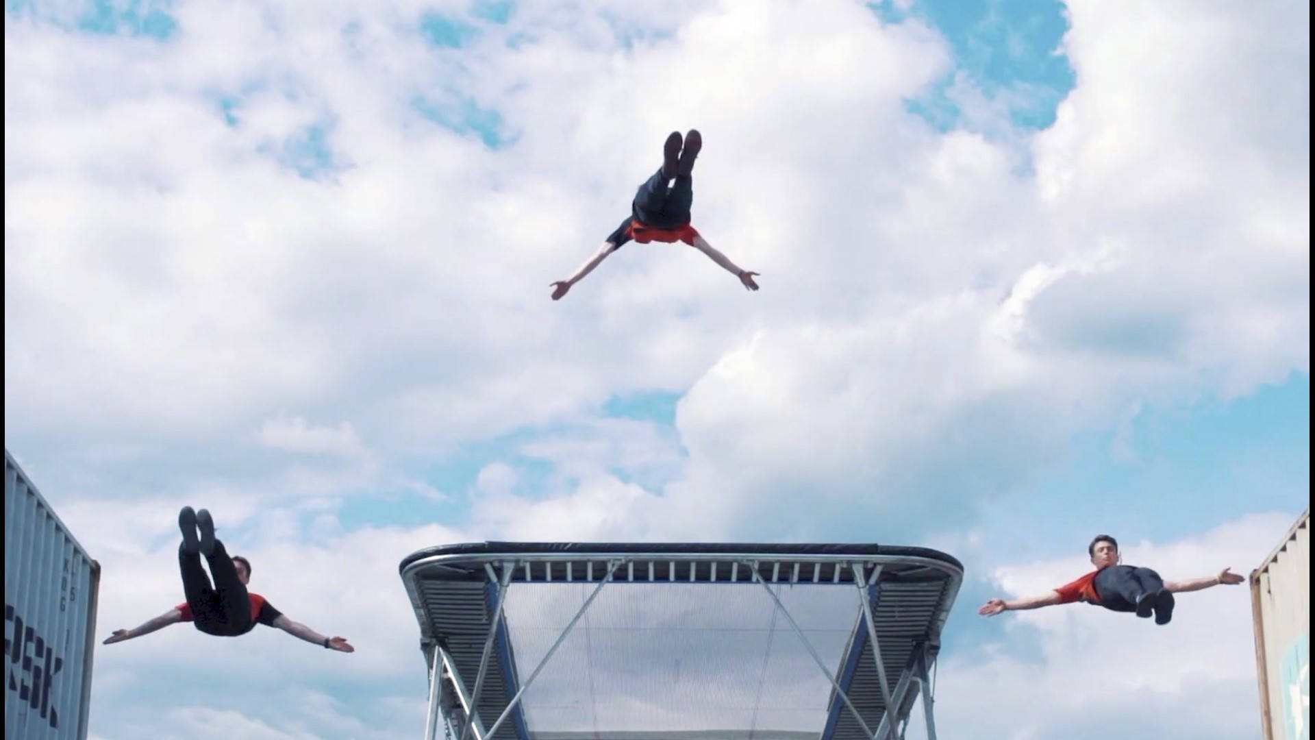 trampoline, three acrobats, bright blue sky, Full HD Desktop Wallpaper