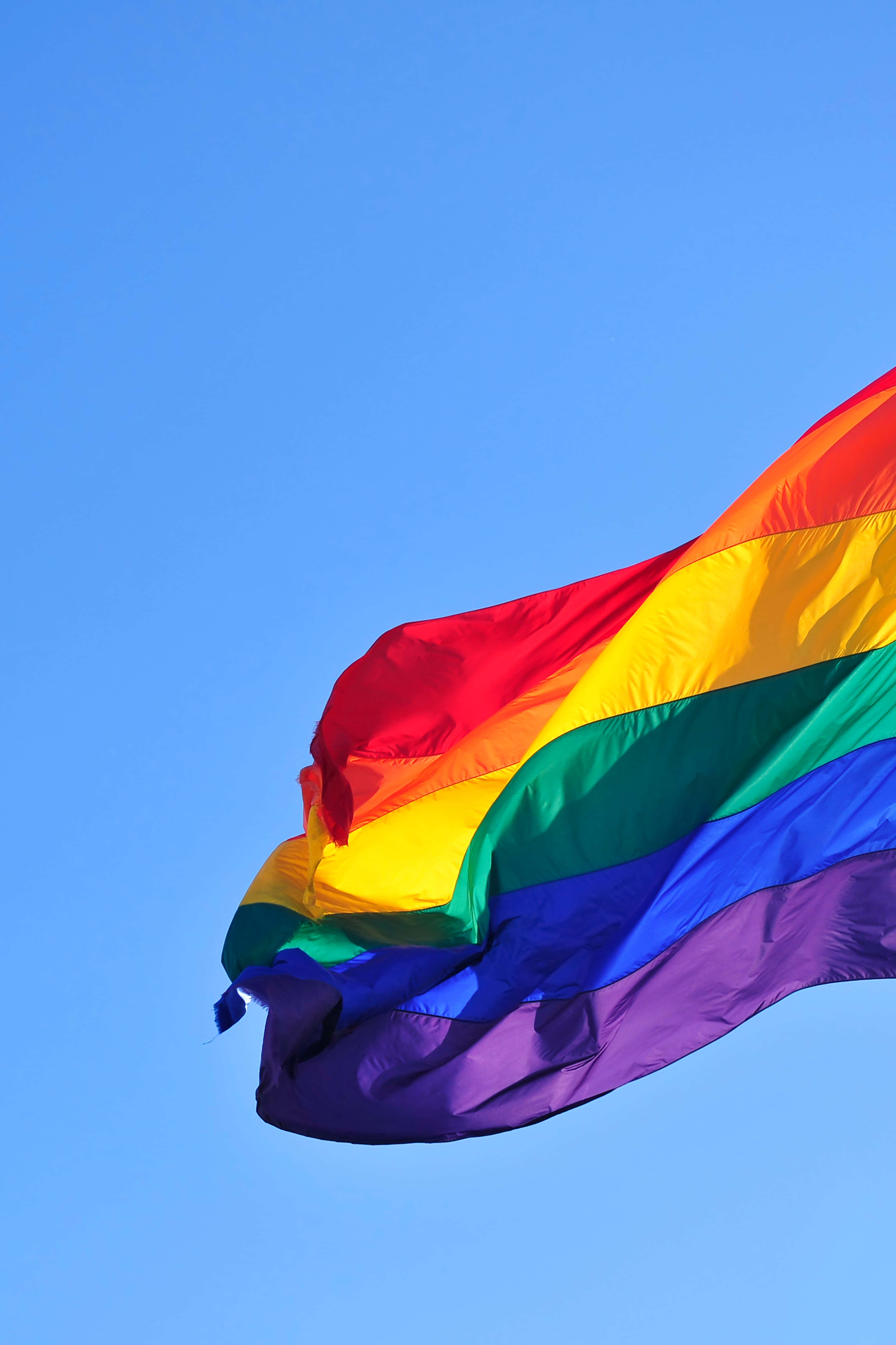 rainbow flag, clear blue sky, sunlight, 5K Phone Wallpaper