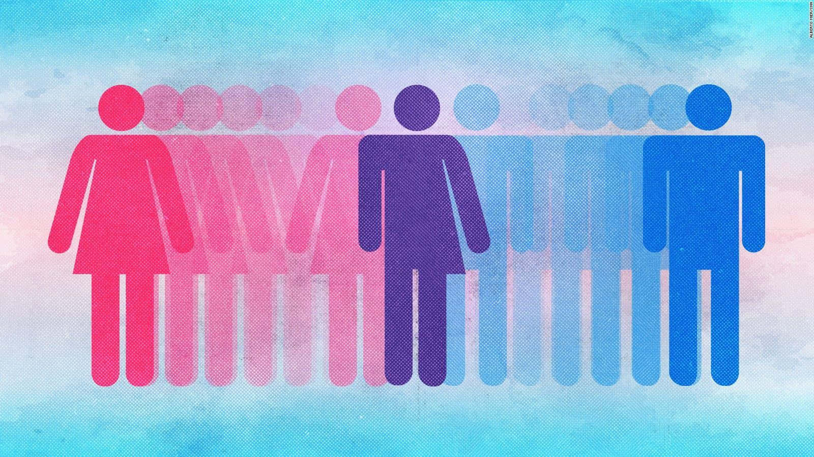 pink and blue human figures, gradient rows, textured sky background, HD Desktop Wallpaper