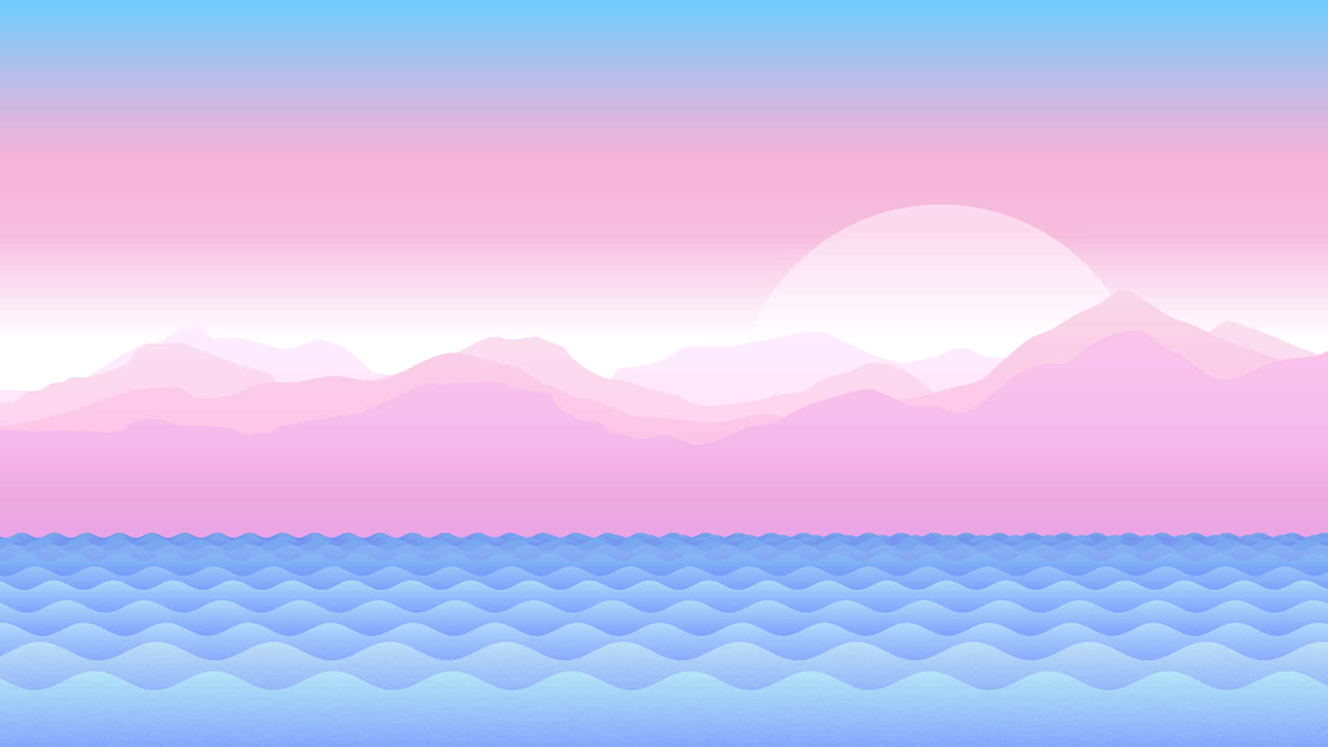 pink and blue ocean, pastel pink and blue gradient sky, layered mountains, Full HD Desktop Wallpaper
