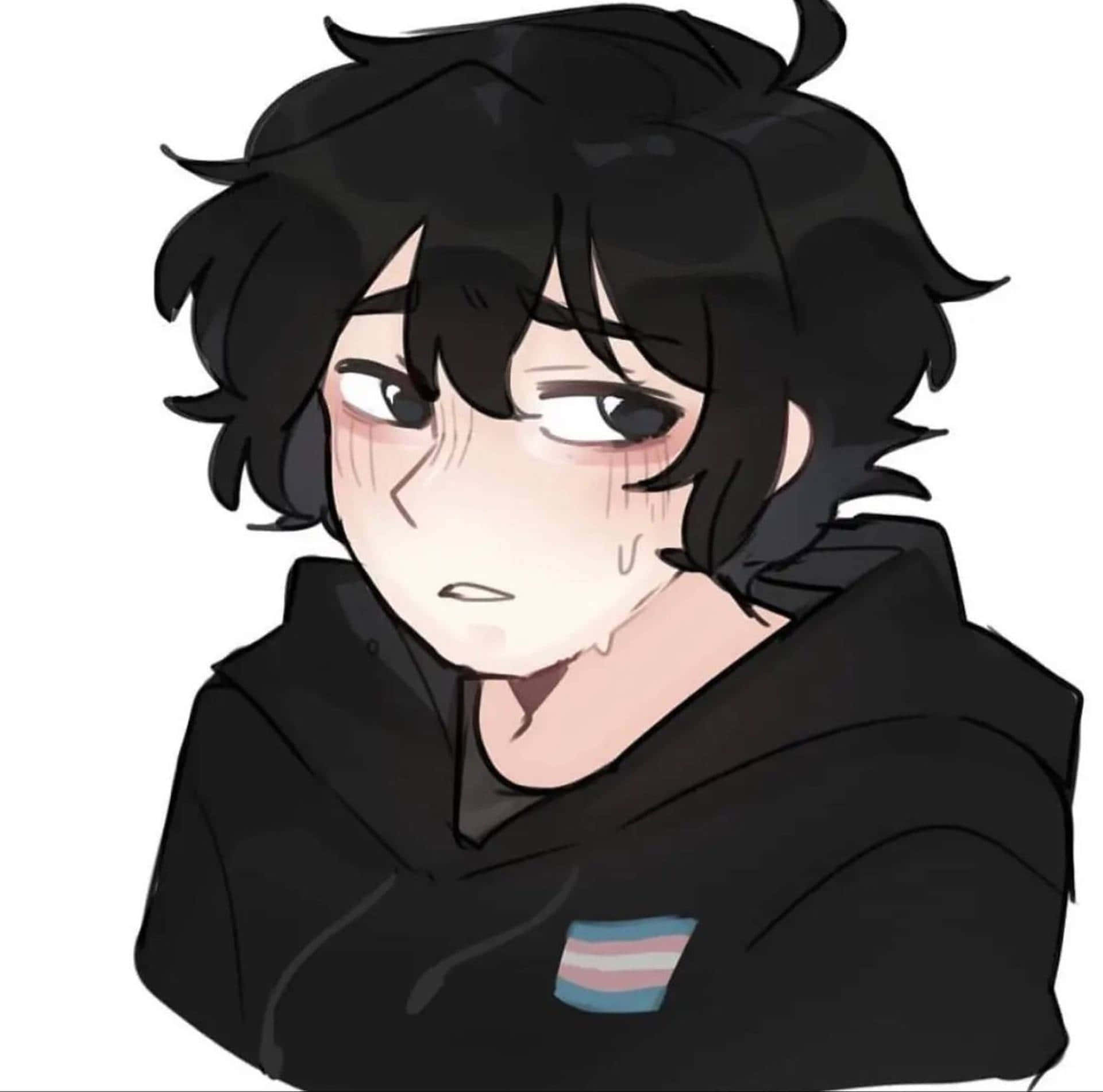 trans flag patch, black hoodie, messy black hair, Full HD Desktop Wallpaper