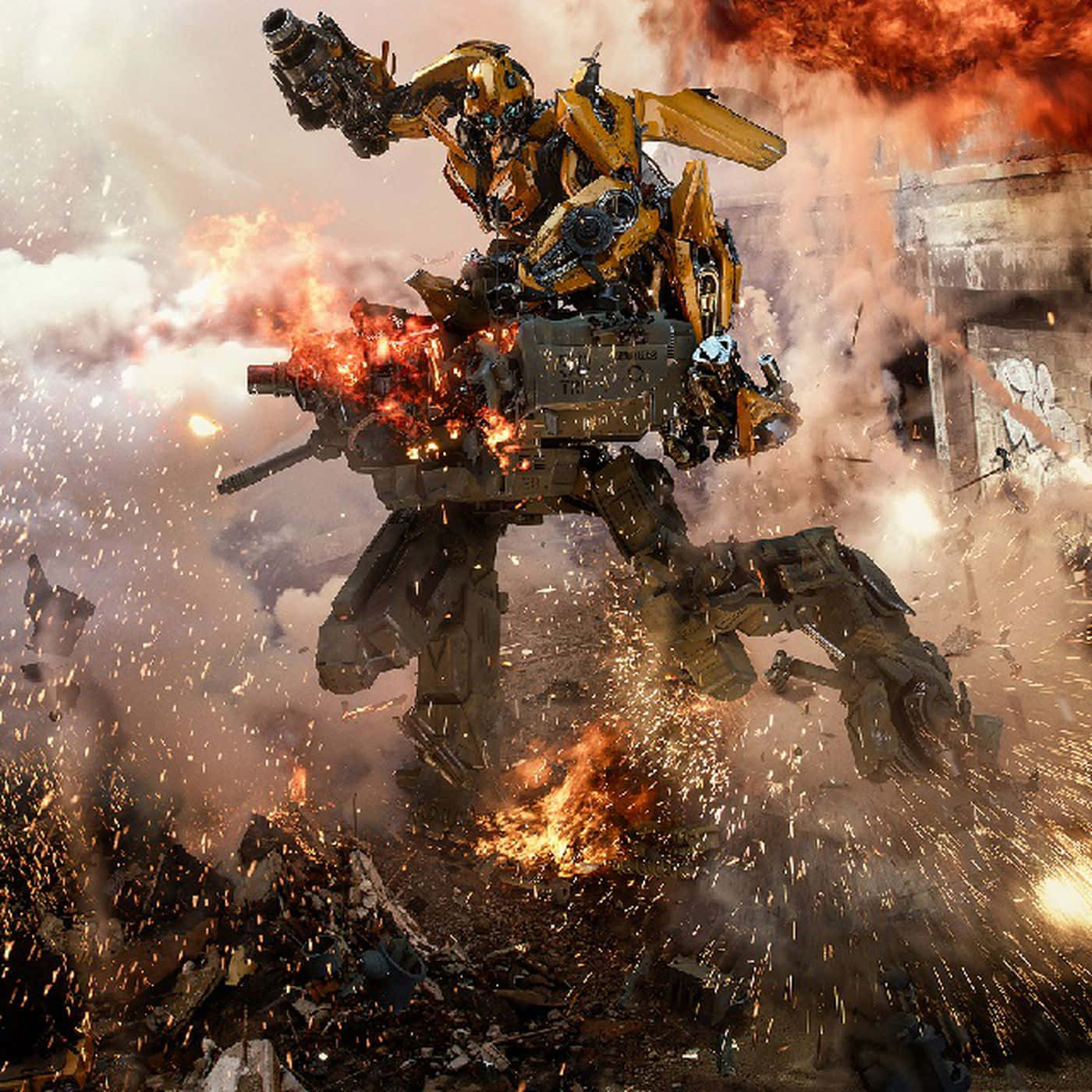 Transformers, yellow robot, fiery explosions, HD Desktop Wallpaper