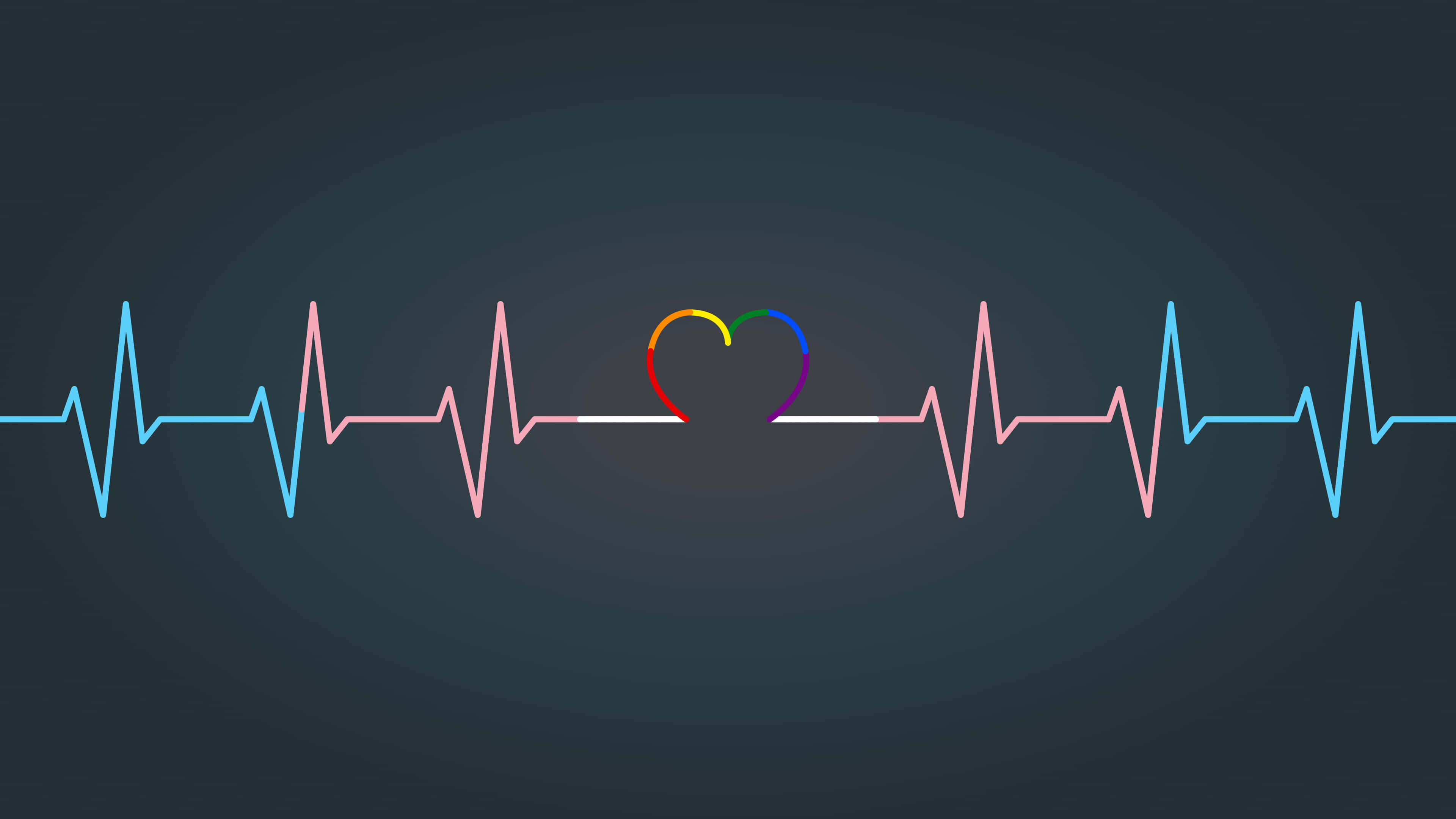rainbow heart, digital heartbeat line, dark gradient background, 4K Desktop Wallpaper