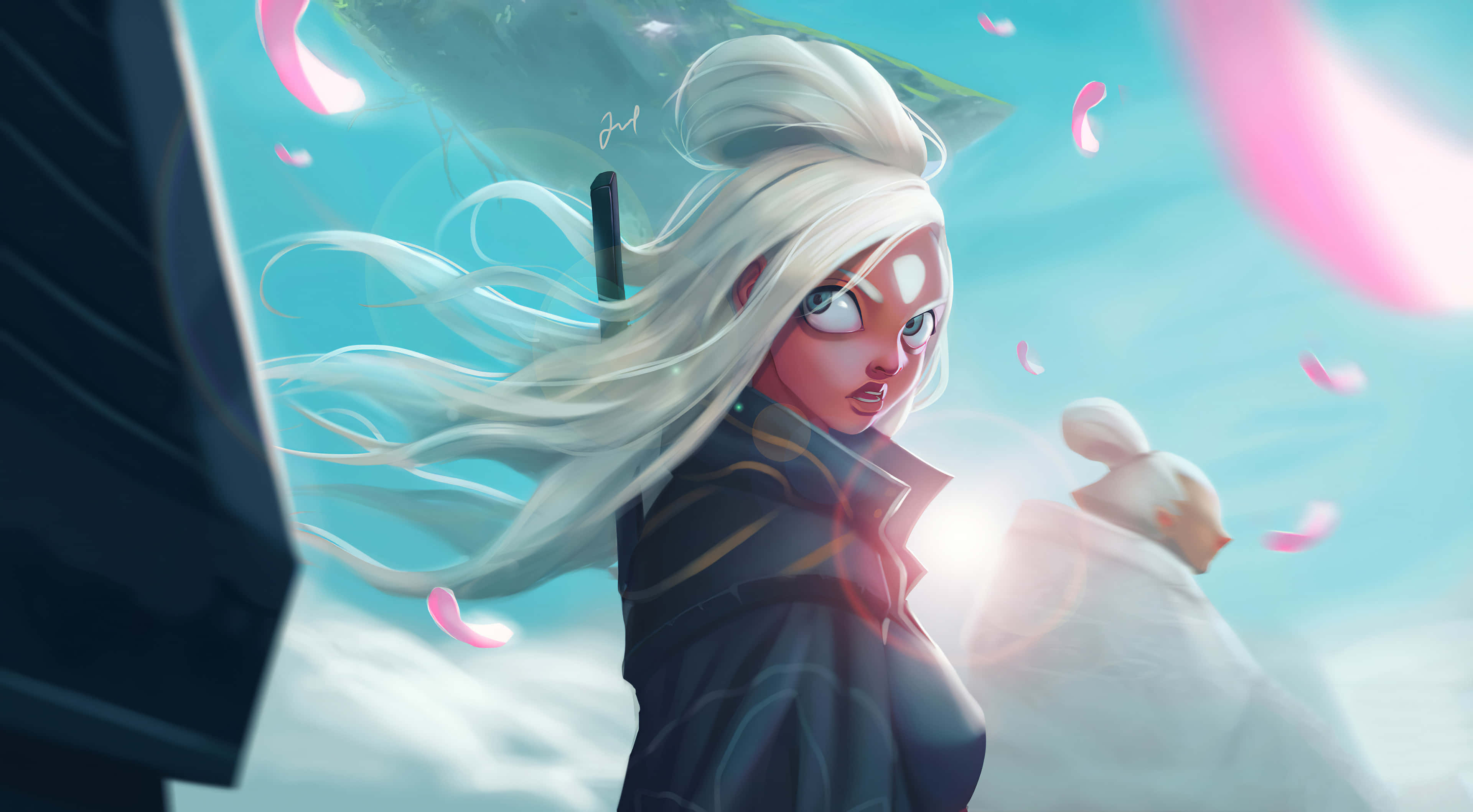 white hair, pink flowers, glowing eyes, 4K Desktop Wallpaper