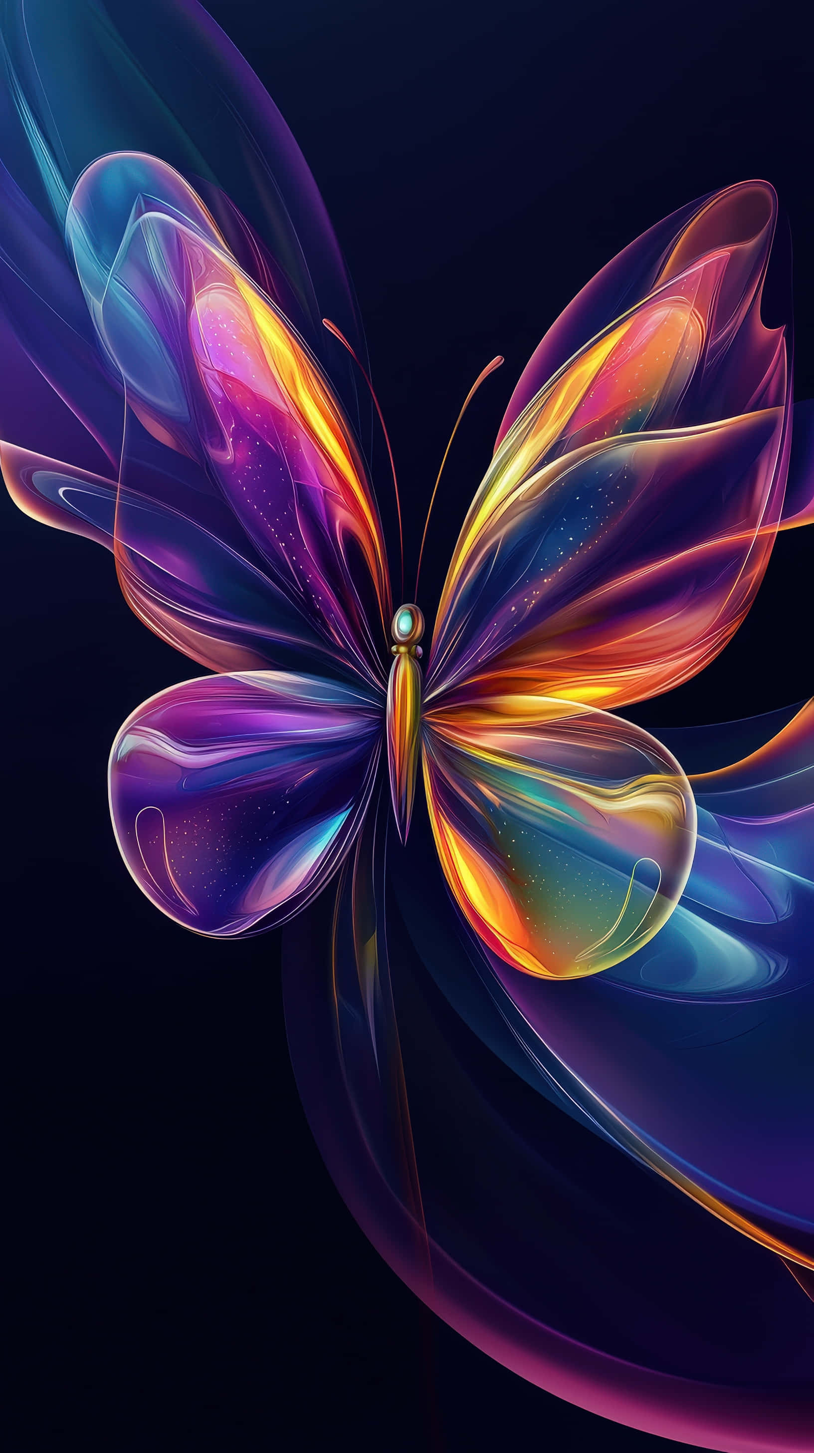 colorful abstract butterfly, glowing translucent wings, iridescent wings, 2K Phone Wallpaper