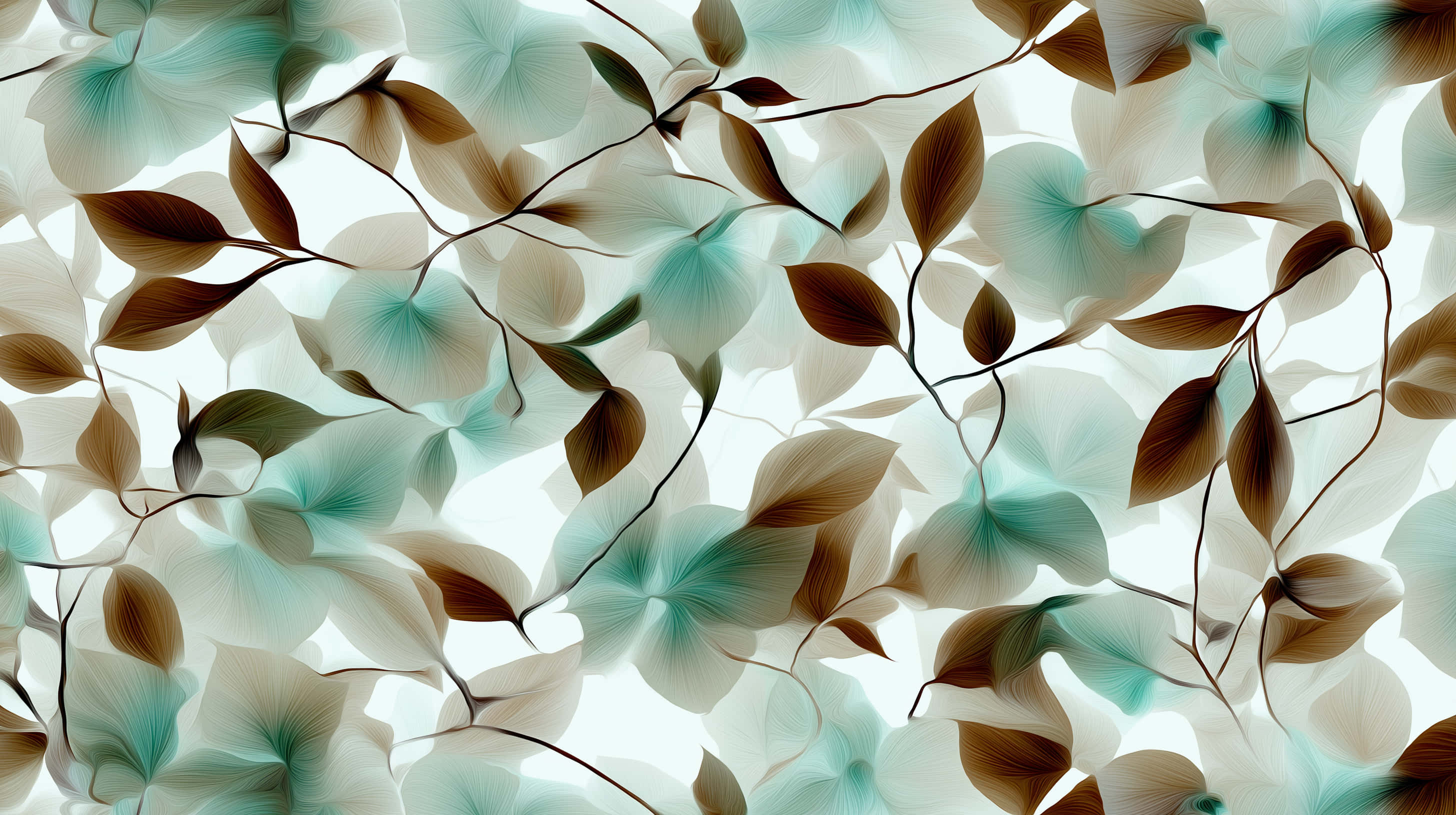 translucent leaves, teal and brown, slender branches, 2K Desktop Wallpaper