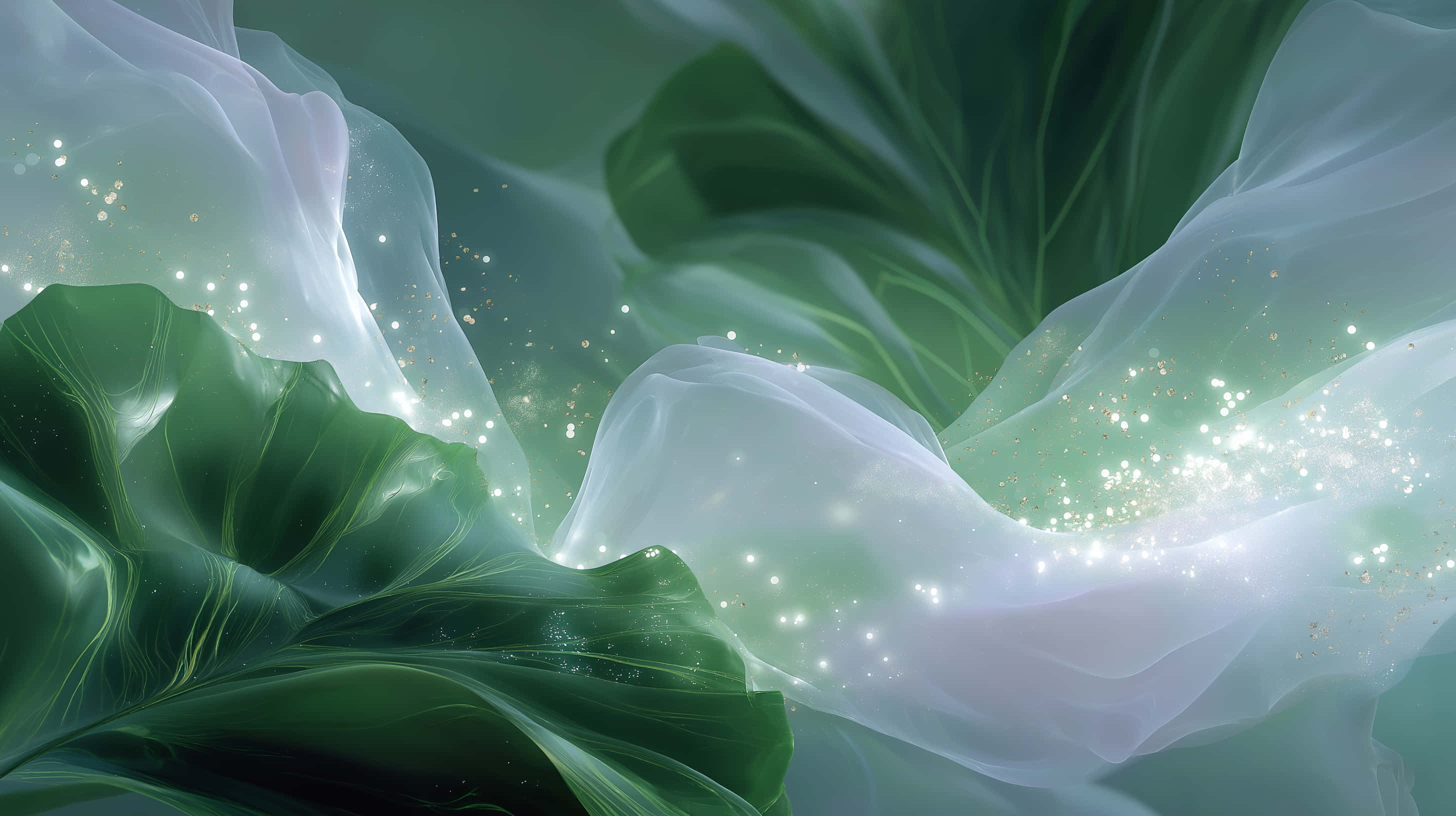 organza fabric, translucent white fabric, floating sparkles, 2K Desktop Wallpaper