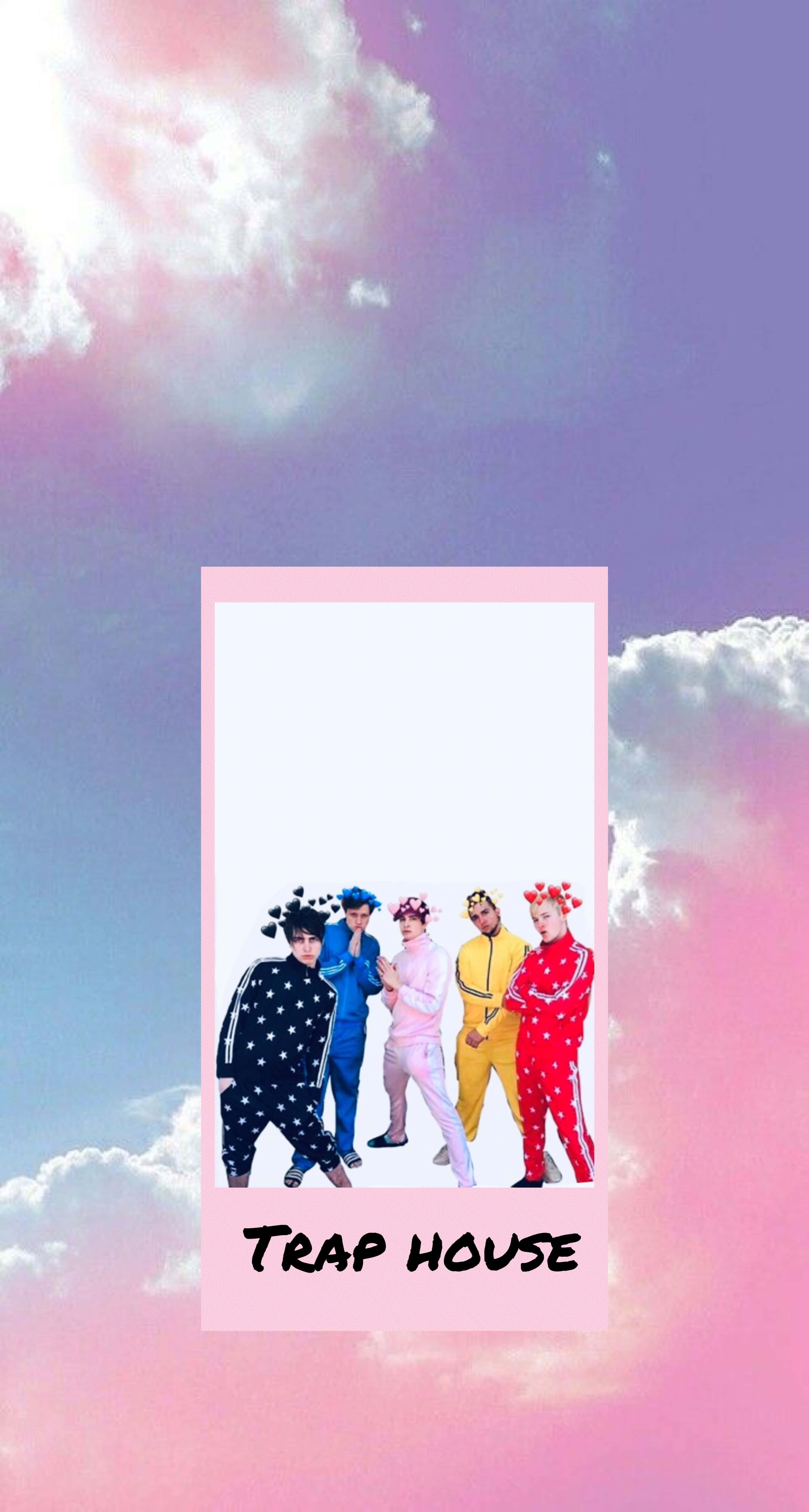 Trap House, pink-framed photo, pastel sky, 5K Phone Wallpaper