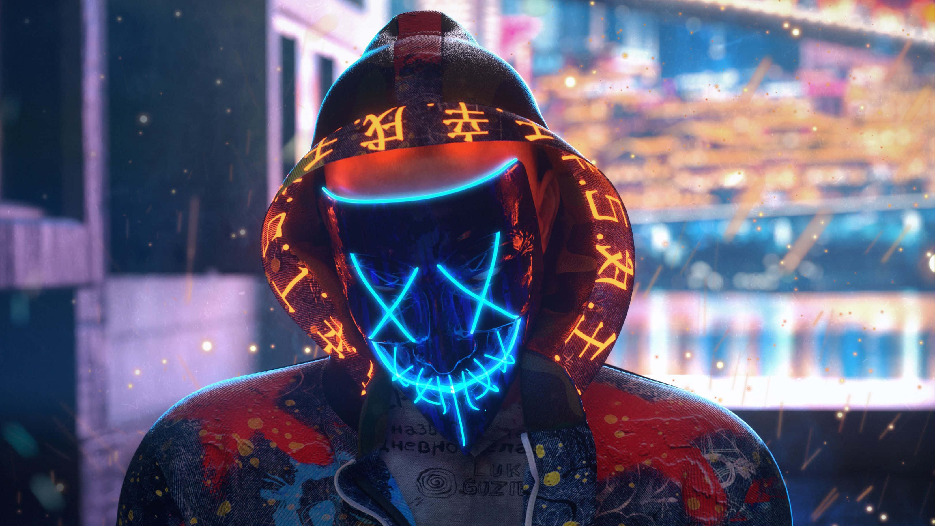Trap House, glowing blue neon mask, stitched grin, 2K Desktop Wallpaper