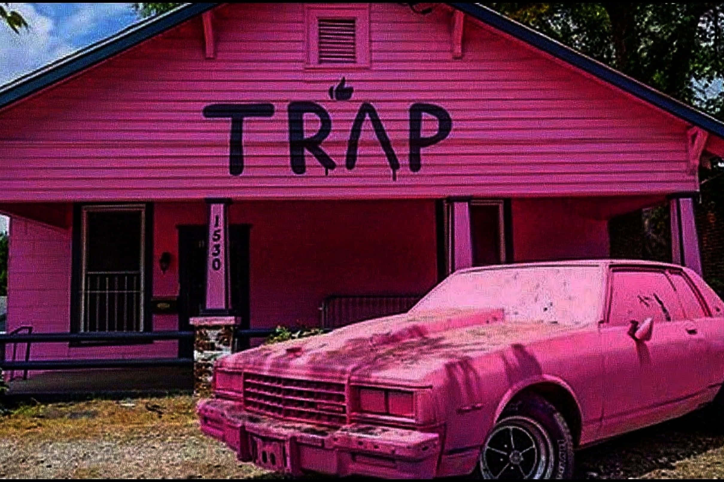 pink house, TRAP spray-painted, dusty pink car, Full HD Desktop Wallpaper