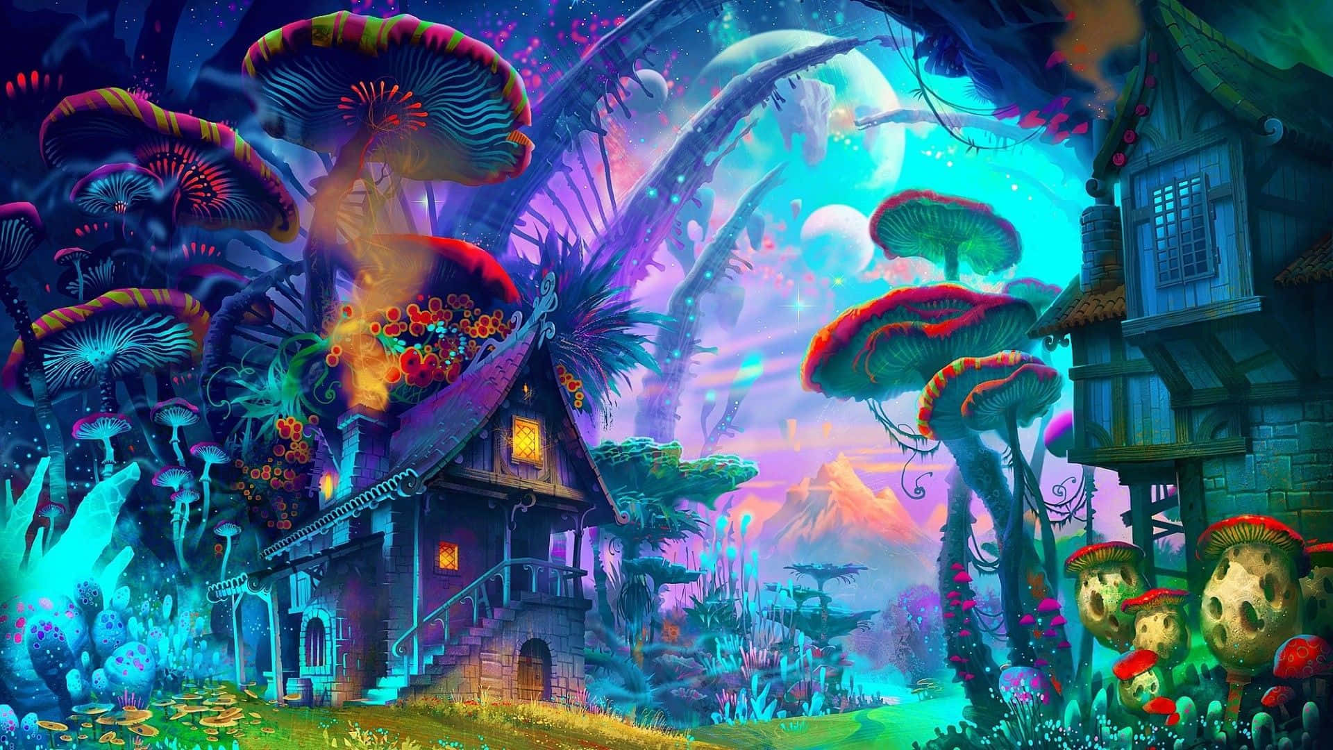 trap house, glowing mushrooms, surreal twilight sky, Full HD Desktop Wallpaper