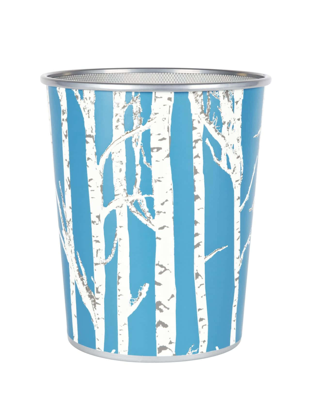 white tree trunks, cylindrical metal trash can, blue background, HD Phone Wallpaper