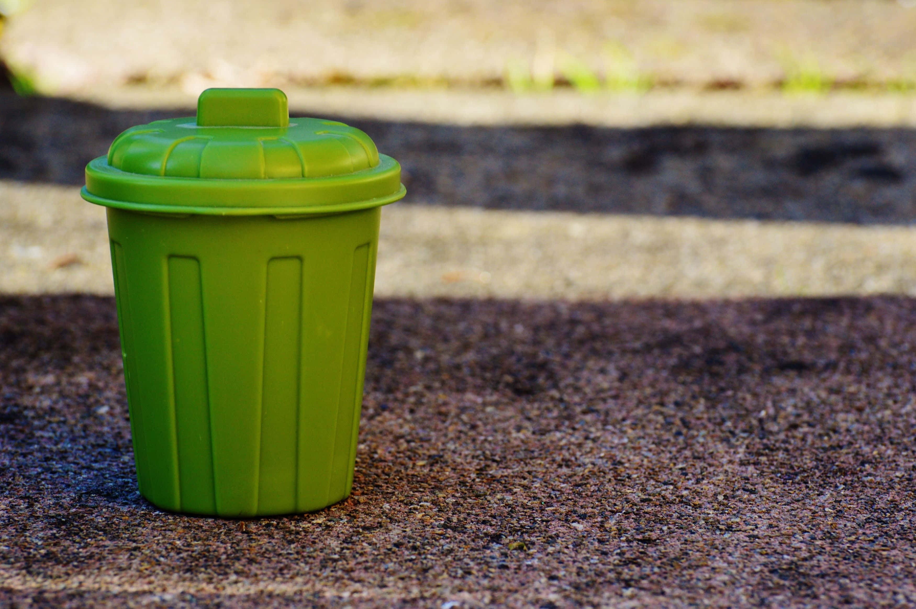miniature green trash can, plastic trash can, lid, 2K Desktop Wallpaper