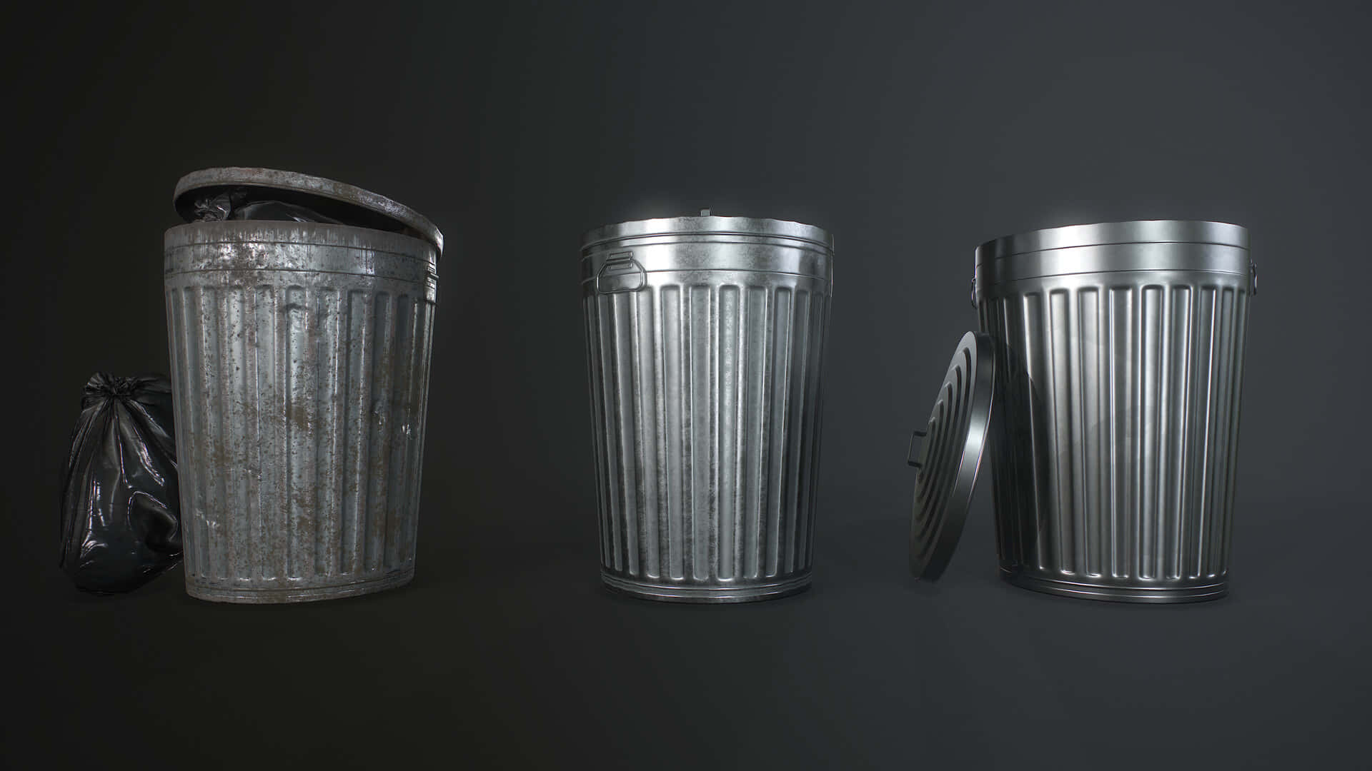 metal trash cans, lid, dark gray background, Full HD Desktop Wallpaper