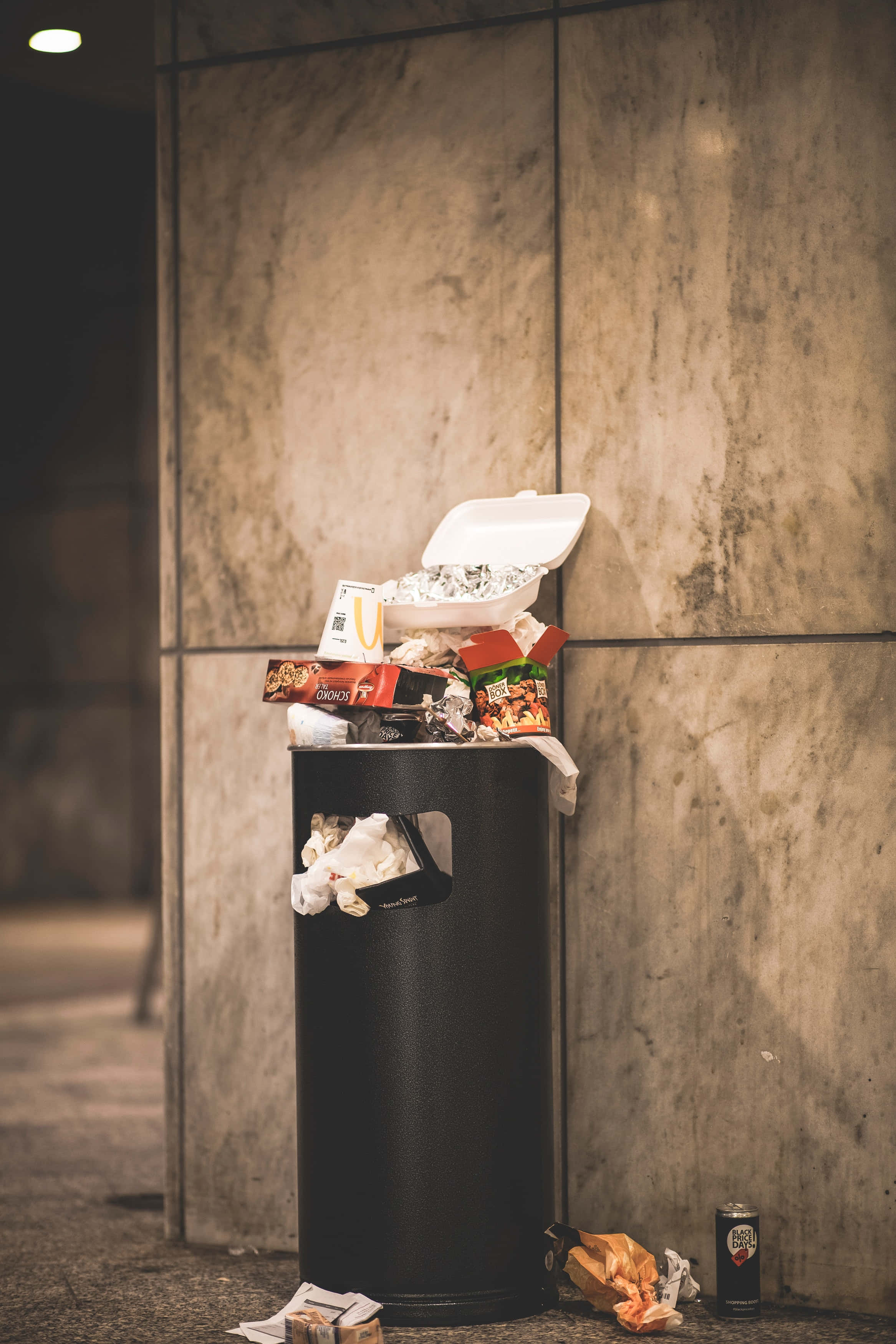 waste overflow black trash can, overflowing black trash can, fast food wrappers, 2K Phone Wallpaper