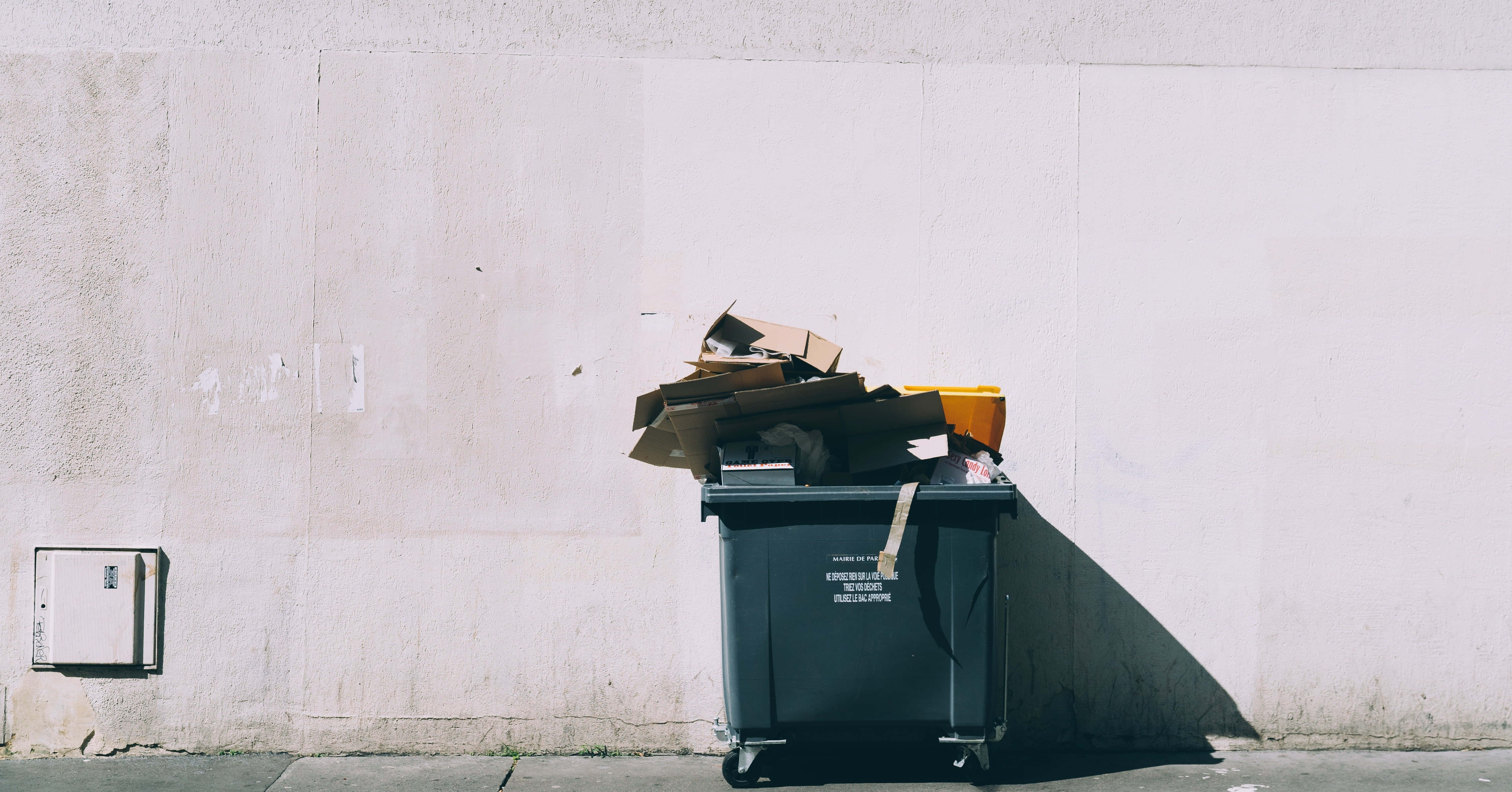 black dumpster, cardboard boxes, trash, 5K Desktop Wallpaper