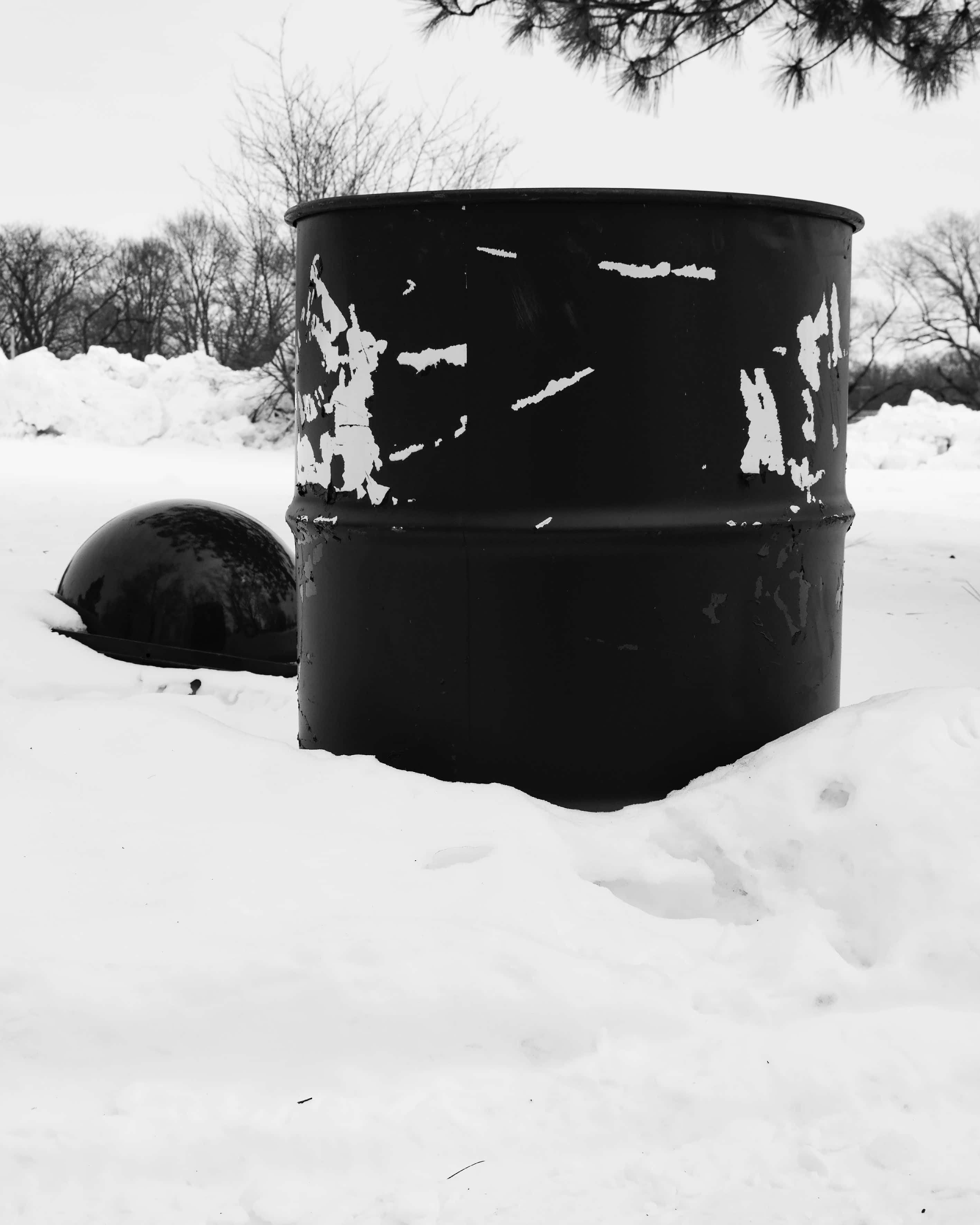 black metal trash can, snow, bare winter trees, 2K Phone Wallpaper