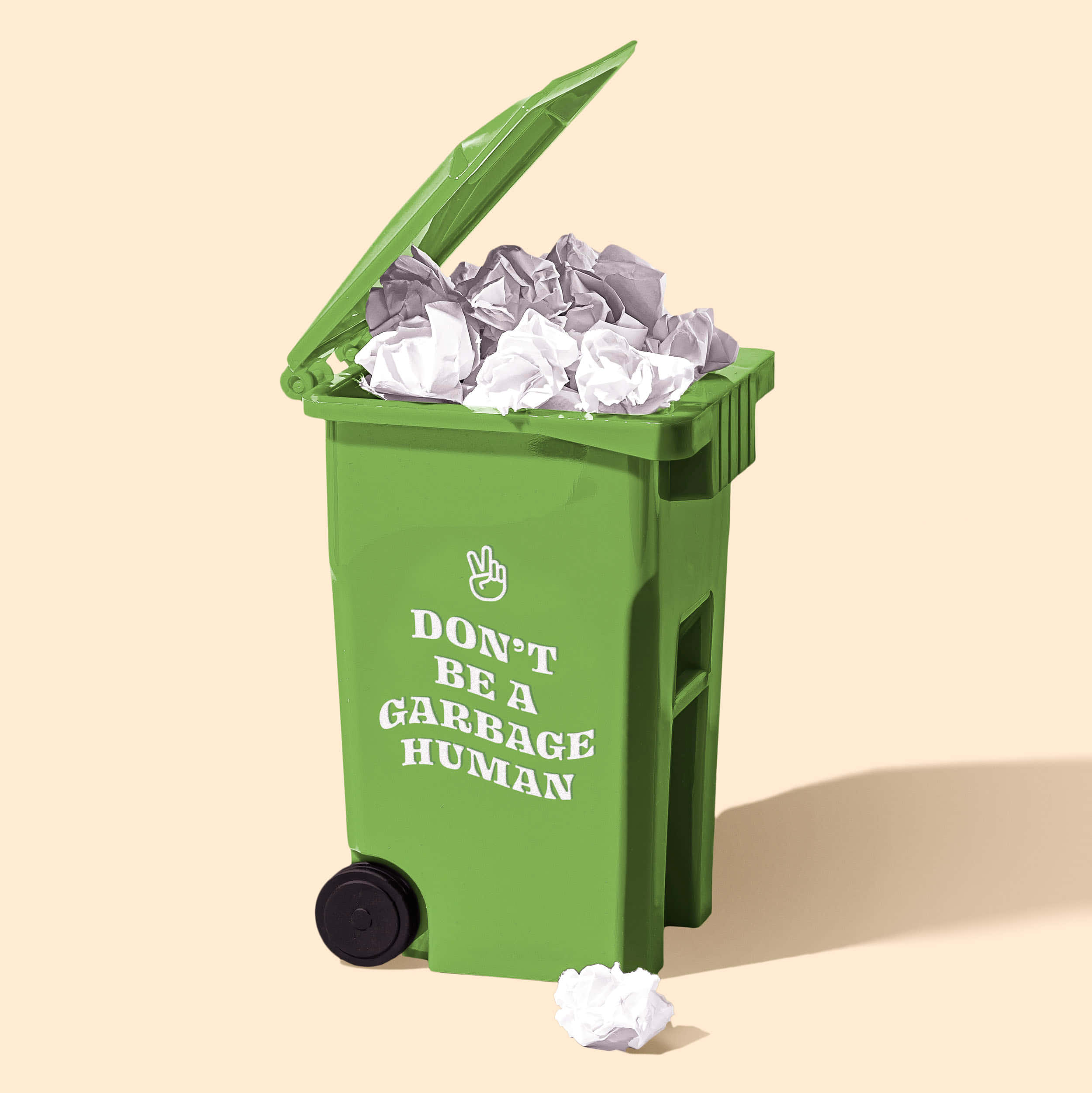 bright green trash bin, crumpled paper, soft beige background, Full HD Phone Wallpaper