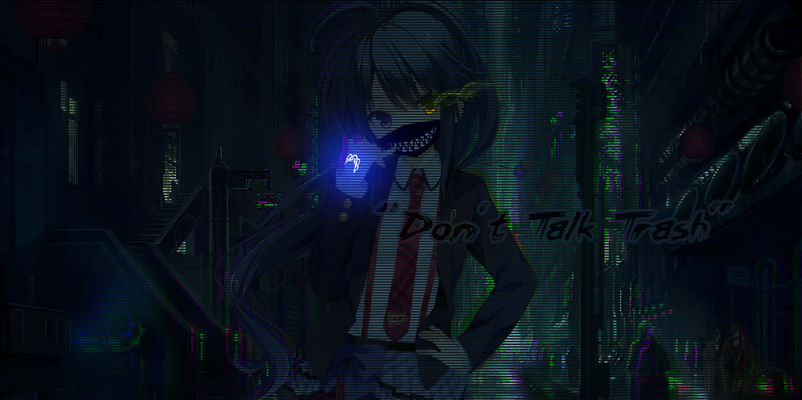 Trash Gang, neon-lit cyberpunk alley, glowing blue mask, 2K Desktop Wallpaper