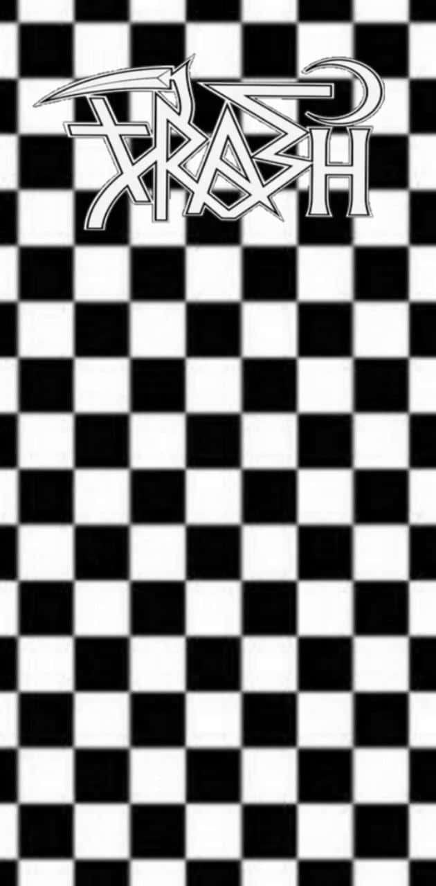 black and white checkered pattern, stylized metallic 'TRASH' logo, top center, HD Phone Wallpaper
