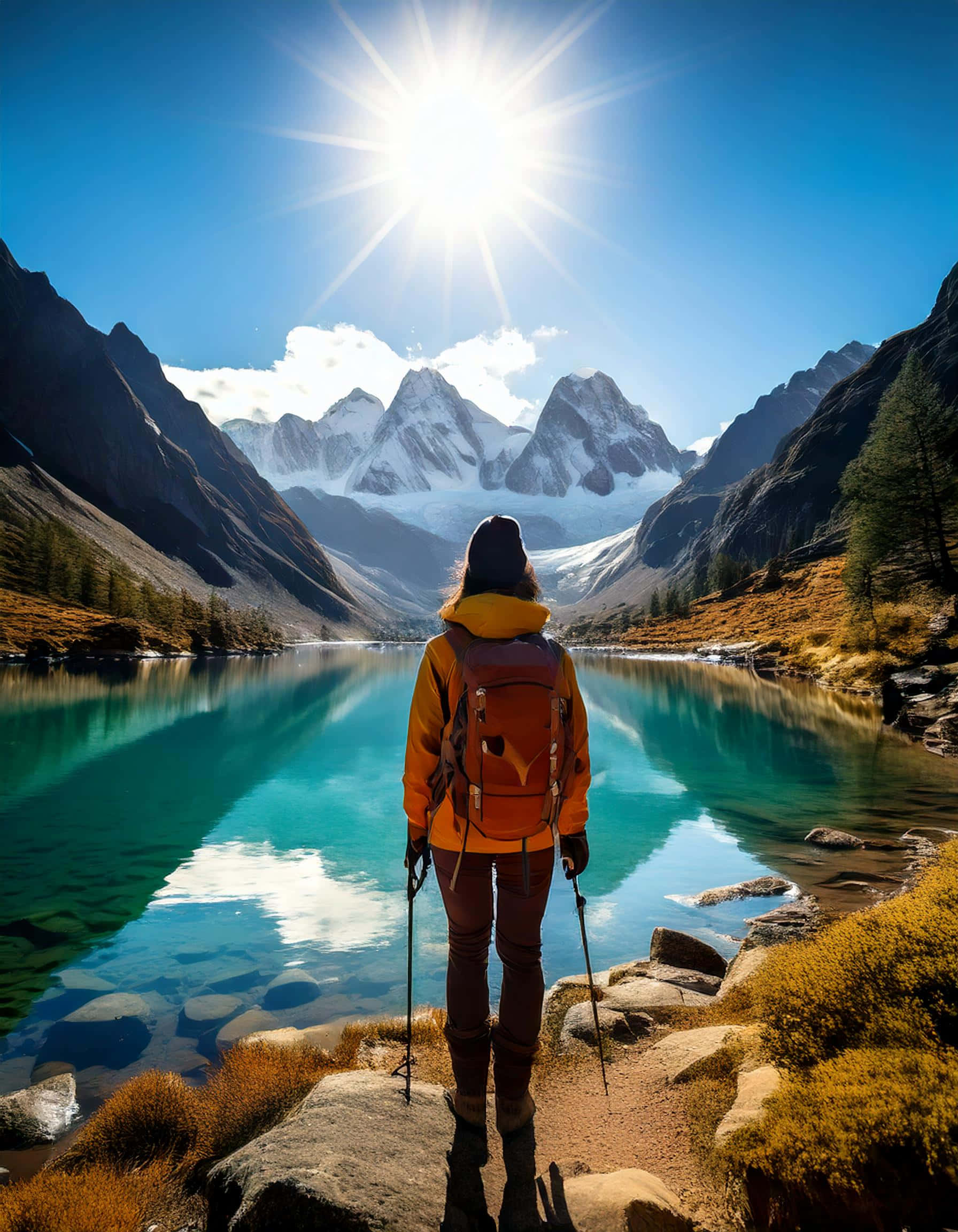 orange jacket, turquoise lake, snowcapped mountains, Full HD Phone Wallpaper