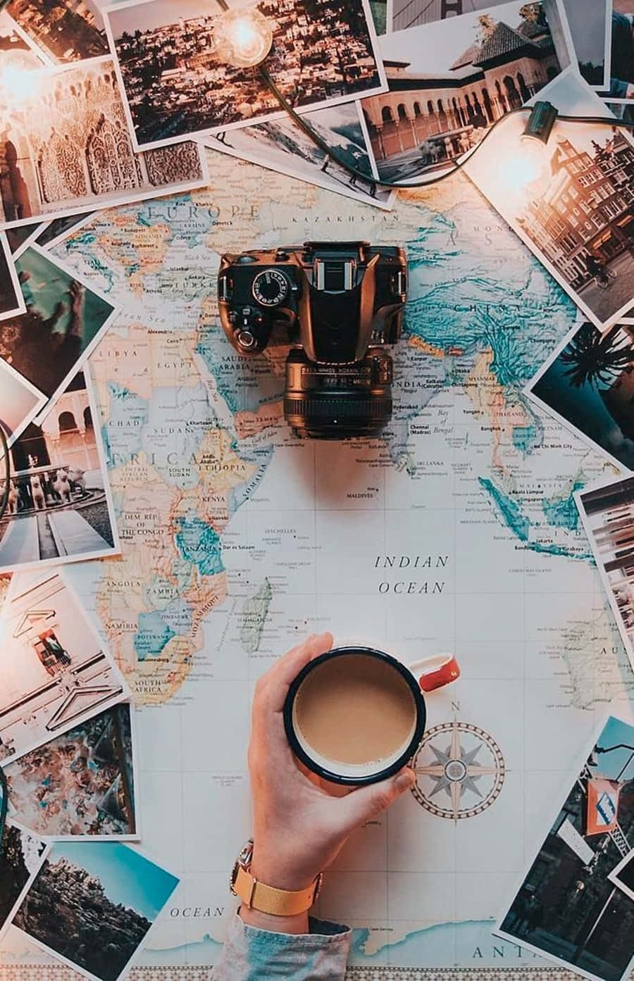 coffee mug, world map, travel photos, HD Phone Wallpaper