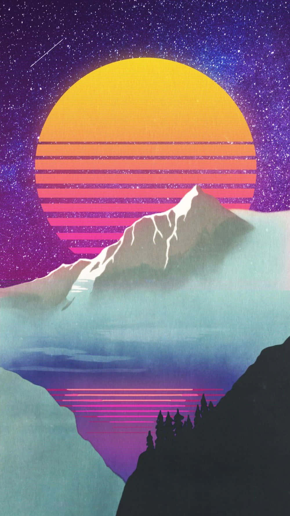 retro-futuristic mountain peak, giant striped sun, starry purple sky, HD Phone Wallpaper