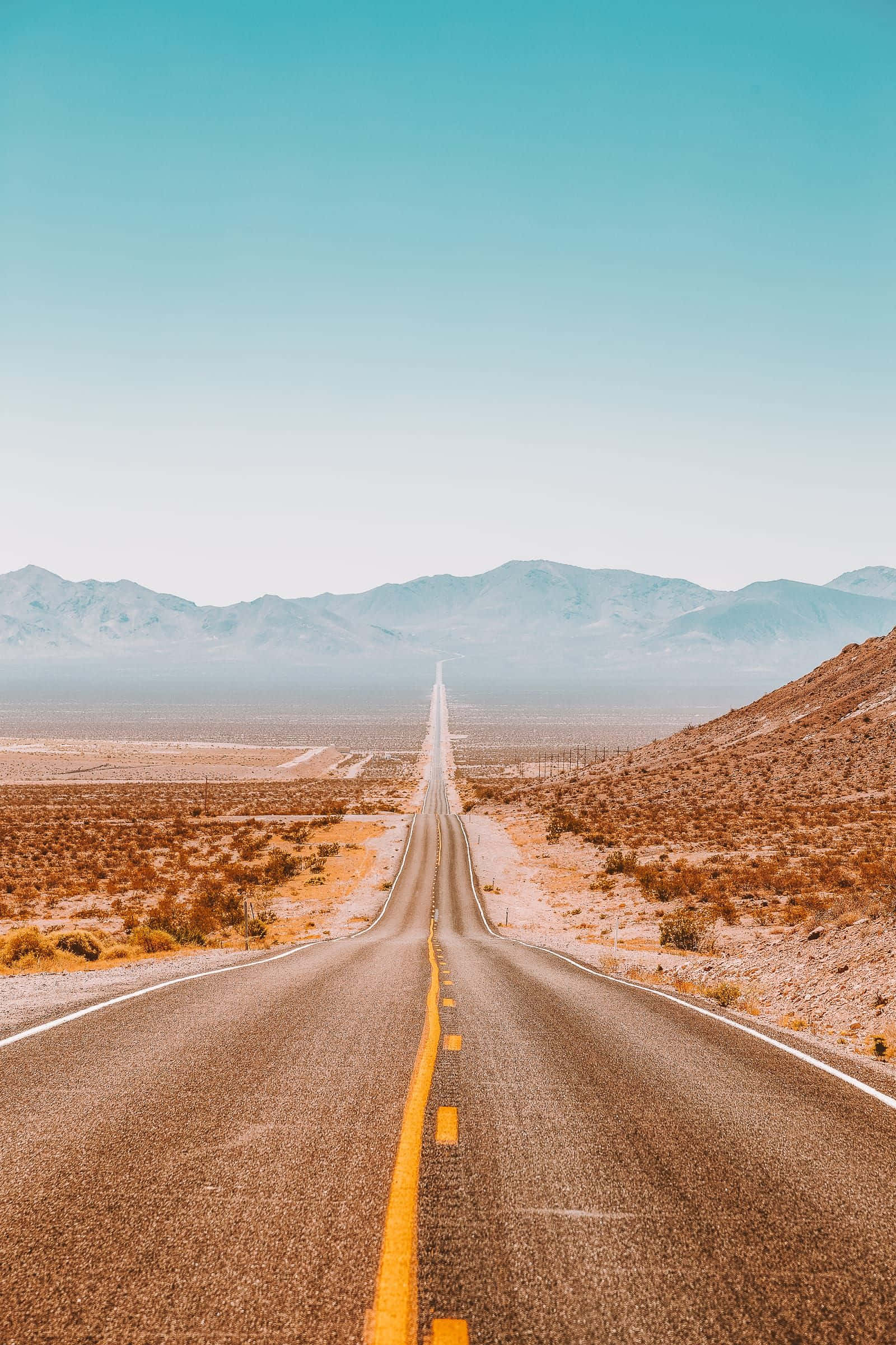 desert highway, distant mountains, clear blue sky, Full HD Phone Wallpaper
