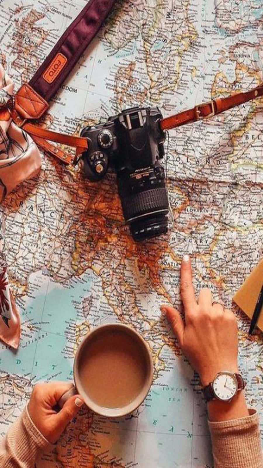 Travel Aesthetic Phone, coffee cup, DSLR camera, HD Phone Wallpaper