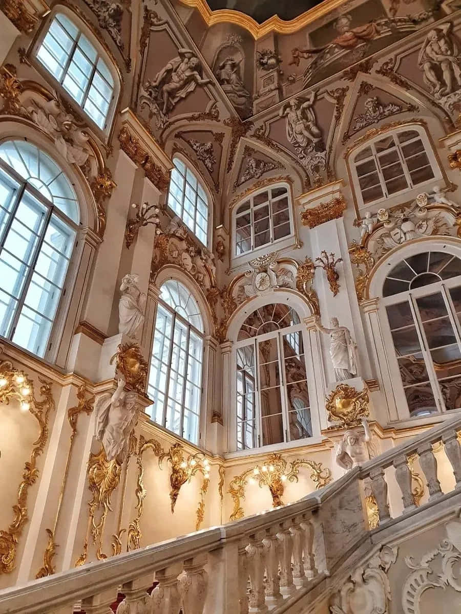 baroque palace, gold gilded ceilings, marble staircase, SD Phone Wallpaper