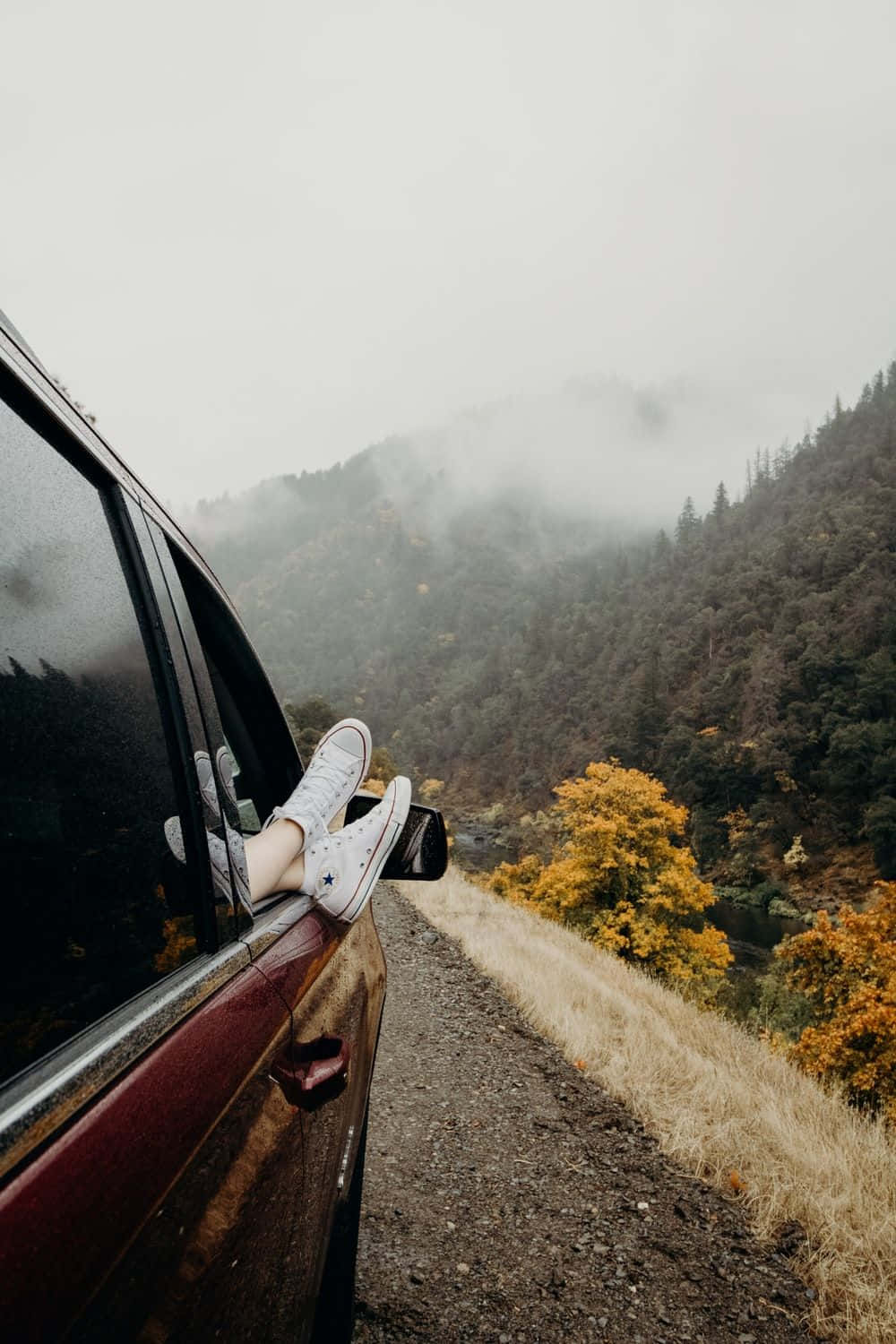 red car, misty mountain road, autumn trees, HD Phone Wallpaper