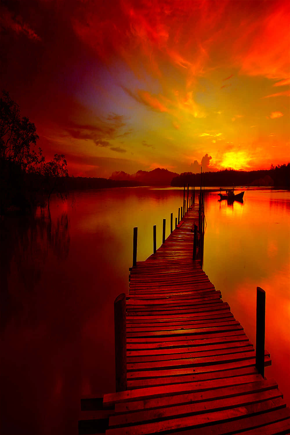 wooden pier, lake, fiery red and orange sunset sky, HD Phone Wallpaper