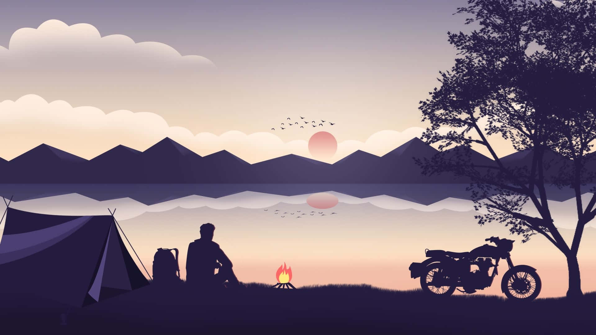 lakeside camping motorcycle adventure, campfire, tent, Full HD Desktop Wallpaper